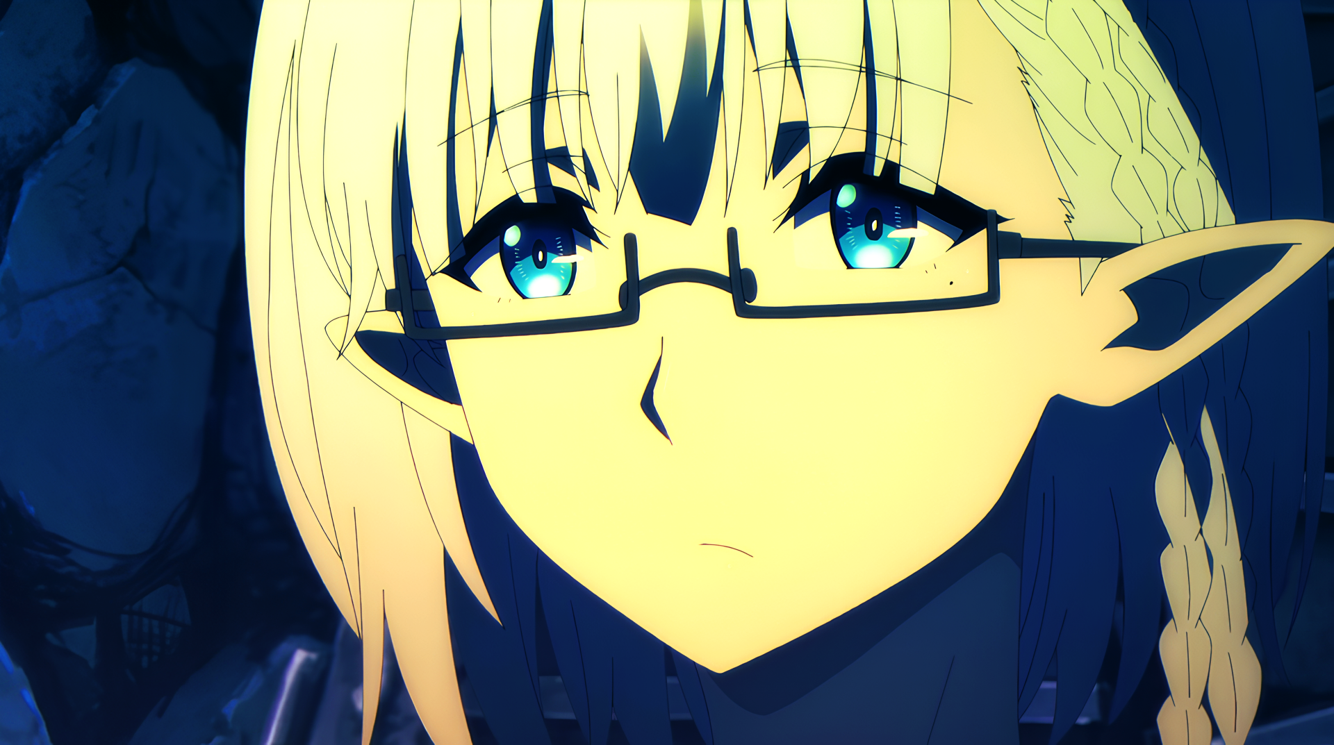 Close-up of a blue-eyed anime character with glasses and blonde hair from The Eminence in Shadow, captured in vibrant 4K Ultra HD for PC desktop wallpaper.