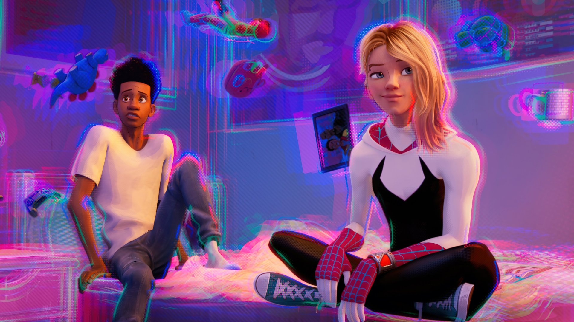 HD desktop wallpaper of Miles Morales and Spider-Gwen from Spider-Man: Across The Spider-Verse.