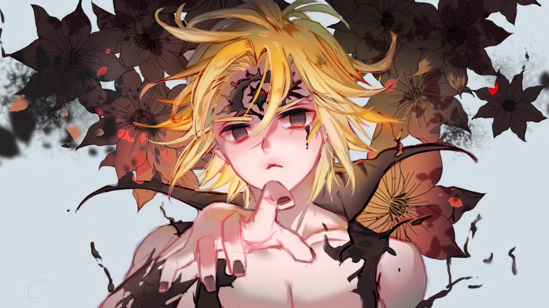 HD wallpaper of Meliodas from The Seven Deadly Sins with dramatic autumn leaves background for desktop.