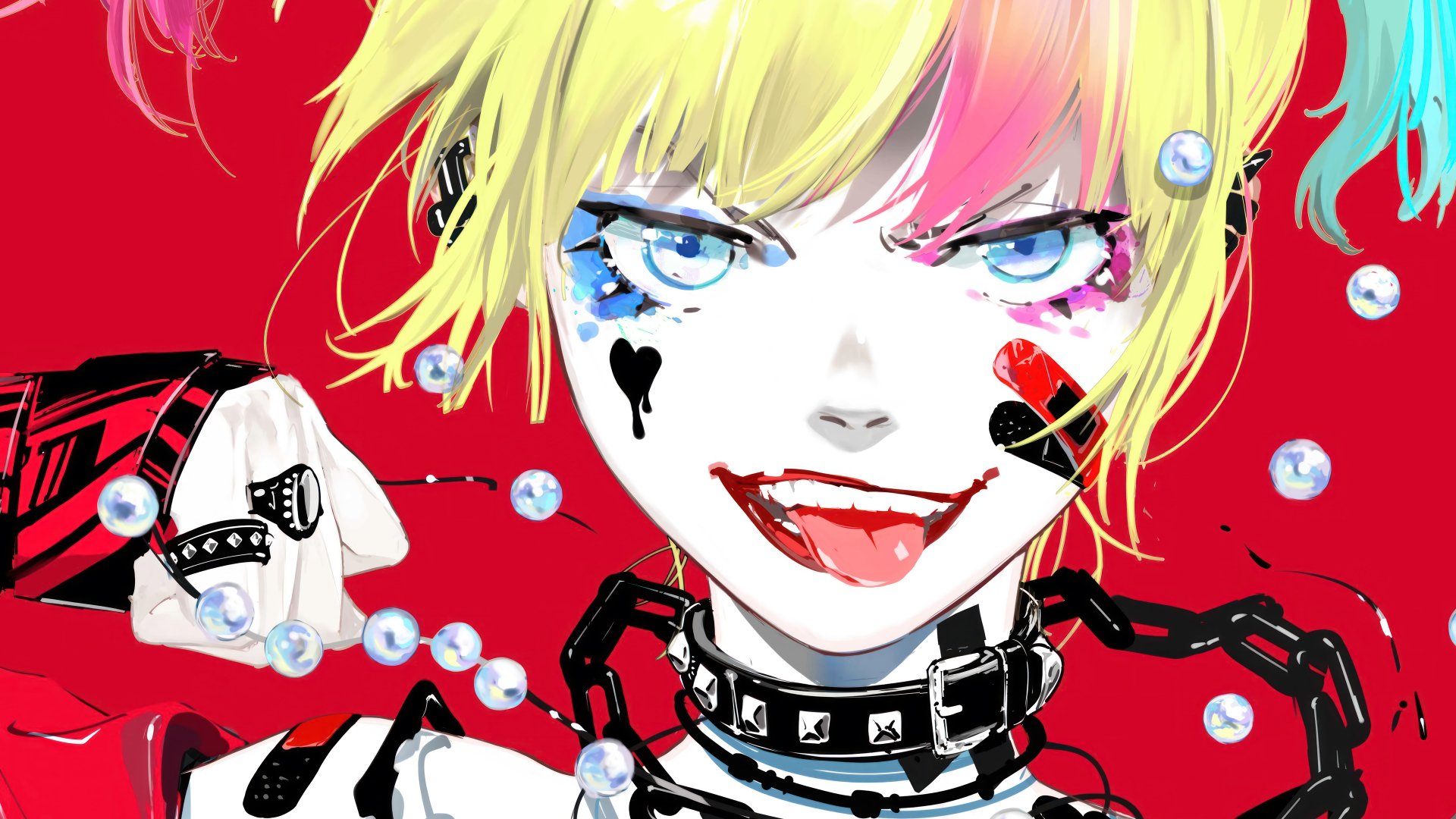 Stylized HD wallpaper featuring an artistic rendition of Harley Quinn, with a vibrant red-and-yellow color scheme on a contrasting red background, tagged with Suicide Squad Isekai for desktop backgrounds.