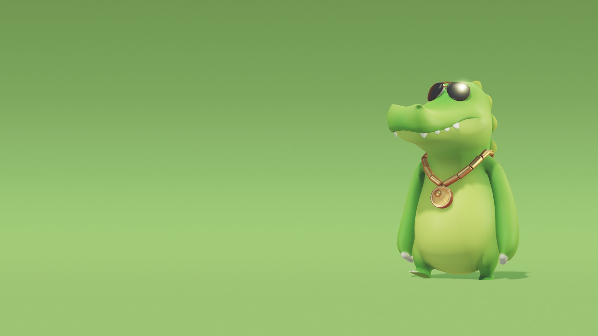 HD desktop wallpaper from the video game Party Animals featuring a stylized green crocodile wearing sunglasses and a medallion, set against a plain green background.