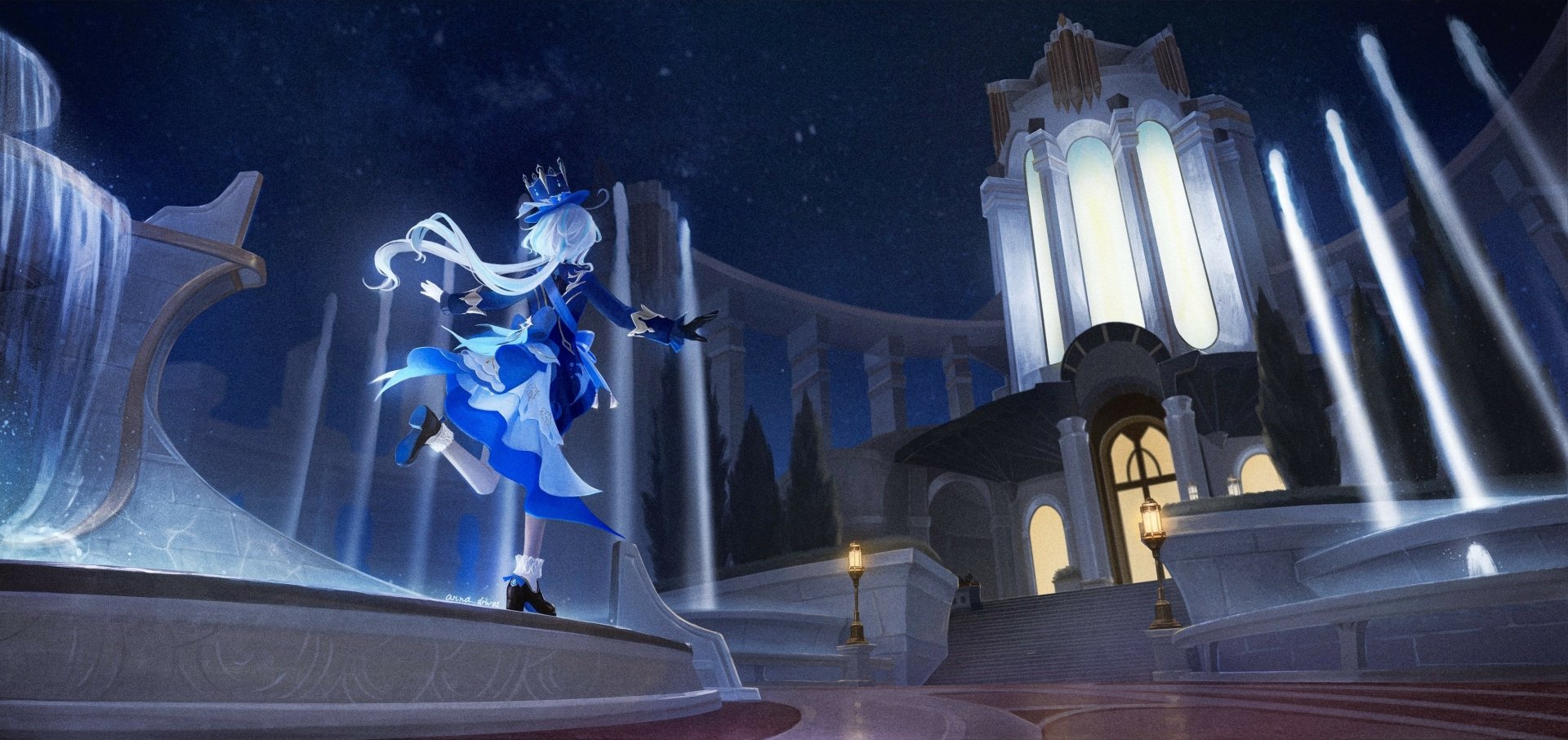 HD PC desktop wallpaper featuring Furina from the video game Genshin Impact, set against an illuminated, elegant nighttime architectural backdrop.