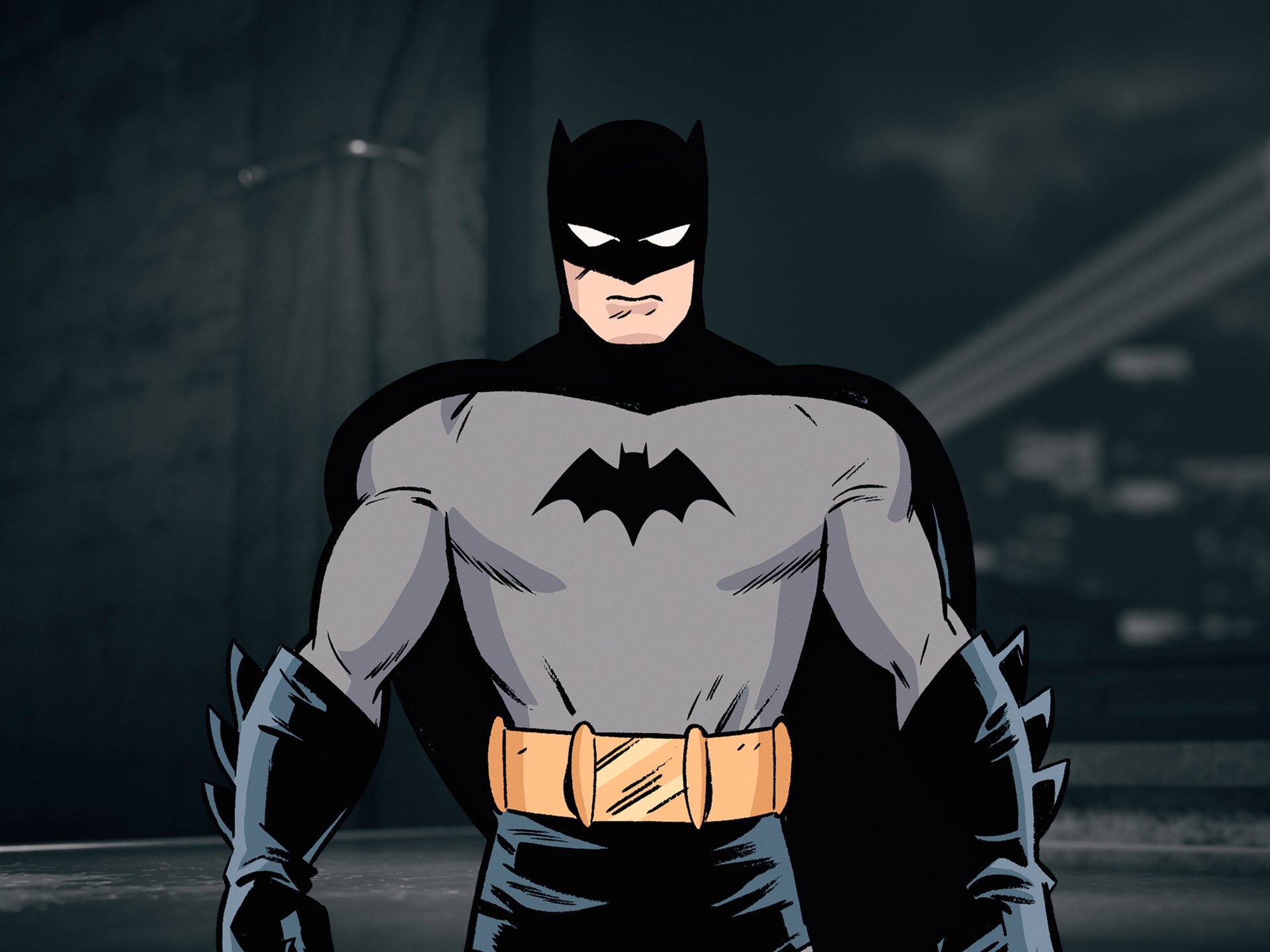 4K Ultra HD comic-style Batman standing confidently against a dark, blurred city background, designed as a PC desktop wallpaper and background.