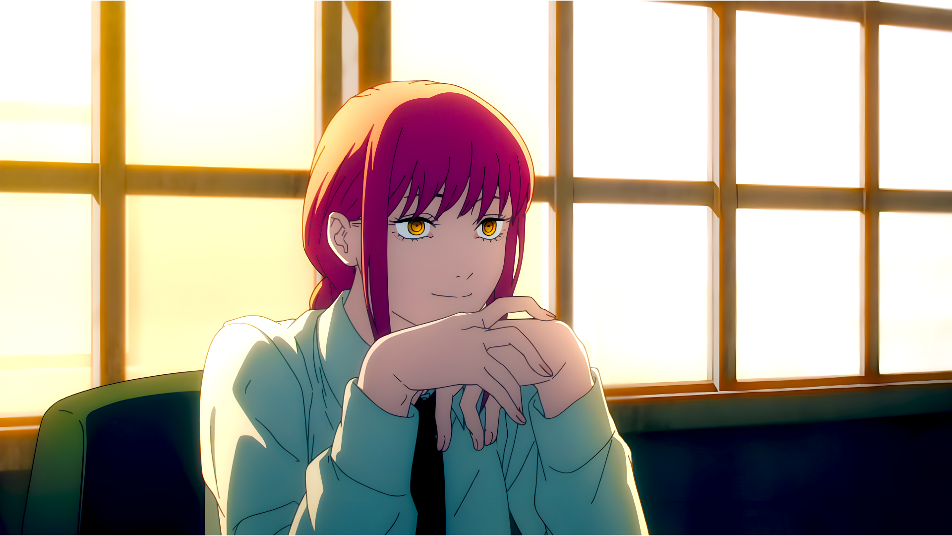 Makima from Chainsaw Man anime, depicted in a detailed 8K Ultra HD PC desktop wallpaper with warm light streaming through large window panes.