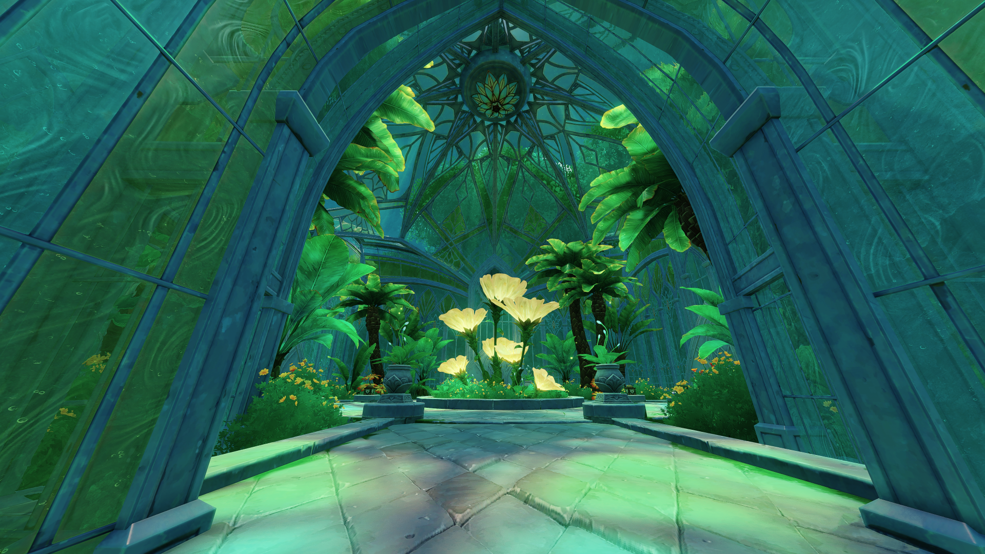 4K Ultra HD Genshin Impact wallpaper featuring a lush, vibrant green garden with glowing plants inside an ancient stone archway on a PC desktop background.