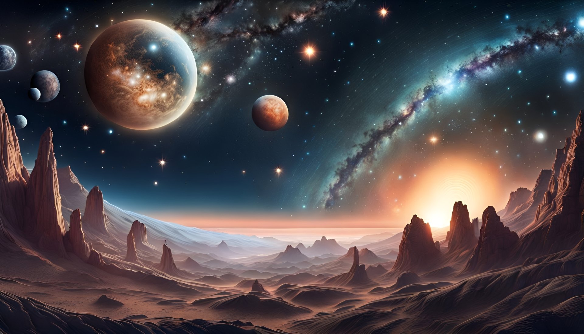 An 8K Ultra HD abstract sci-fi space scene featuring distant planets, stars, and a glowing galaxy over a rocky alien landscape, blending astronomy and cosmic time themes.