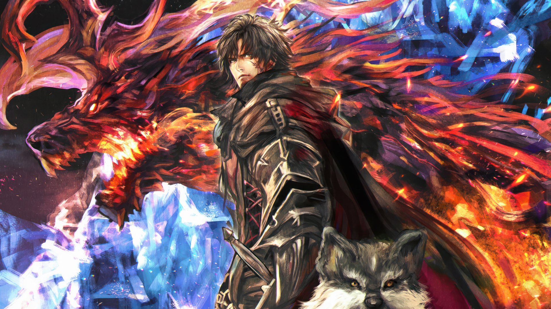HD wallpaper of Clive Rosfield from Final Fantasy XVI with dynamic fire and ice elemental background for desktops.