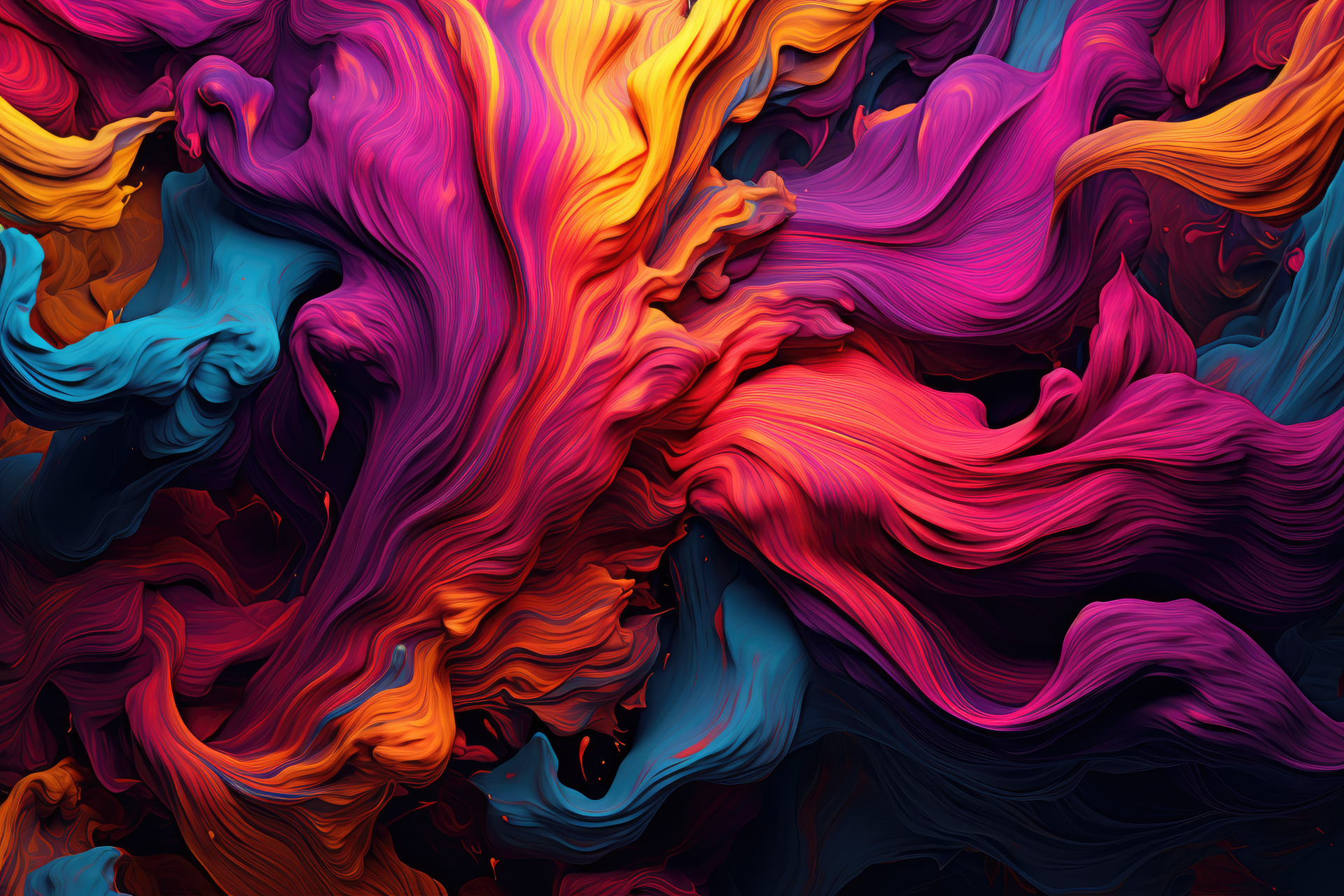 Vibrant 4K Ultra HD abstract wallpaper featuring glowing neon lines and swirling rainbow-colored particles creating a dynamic, fluid pattern.