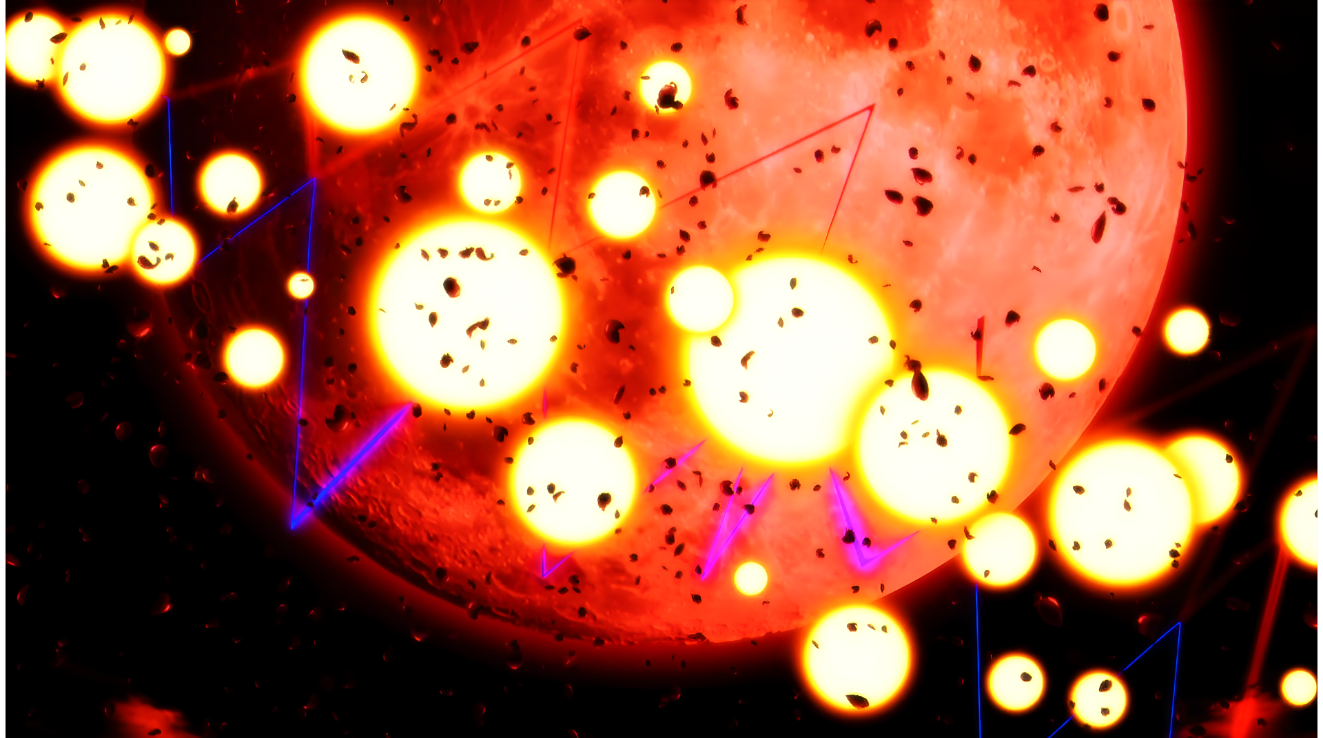 4K Ultra HD anime wallpaper from The Eminence in Shadow featuring glowing orbs against a vivid red celestial background with subtle geometric lines.