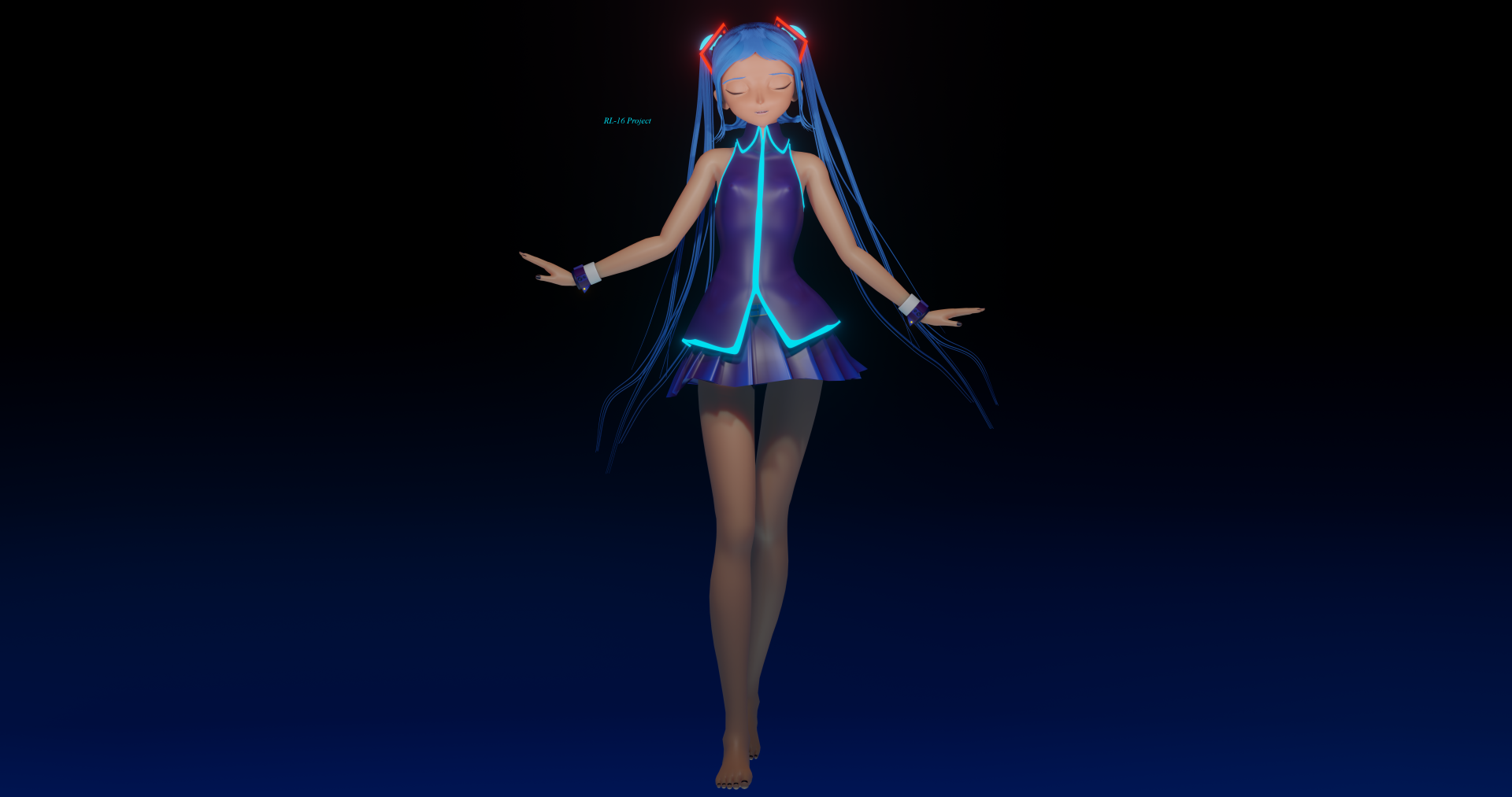 8K Ultra HD anime wallpaper featuring Hatsune Miku, the iconic Vocaloid character, glowing in blue and purple tones against a dark background.