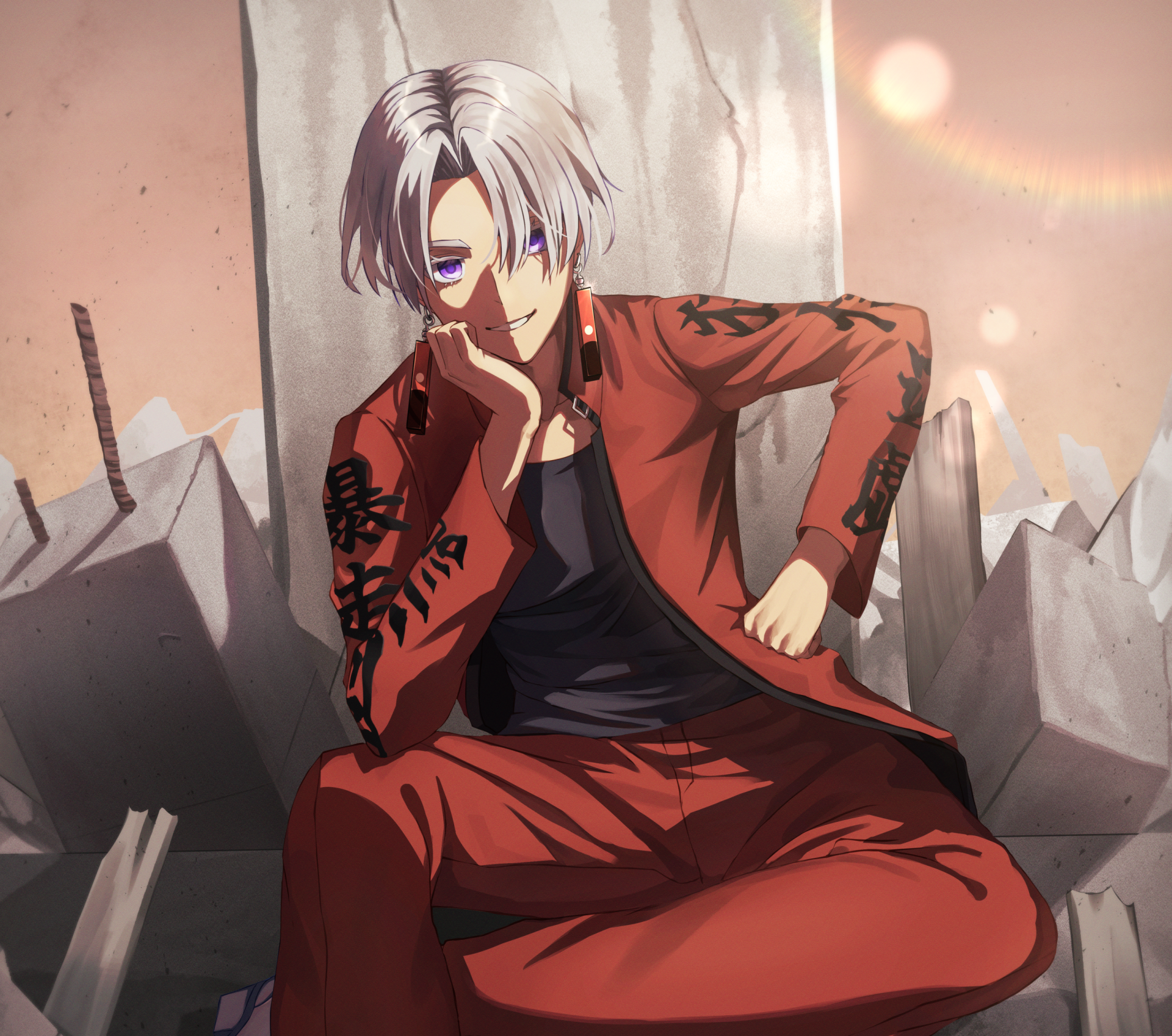 HD anime desktop wallpaper featuring Izana Kurokawa from Tokyo Revengers, sitting confidently against a cracked wall backdrop.