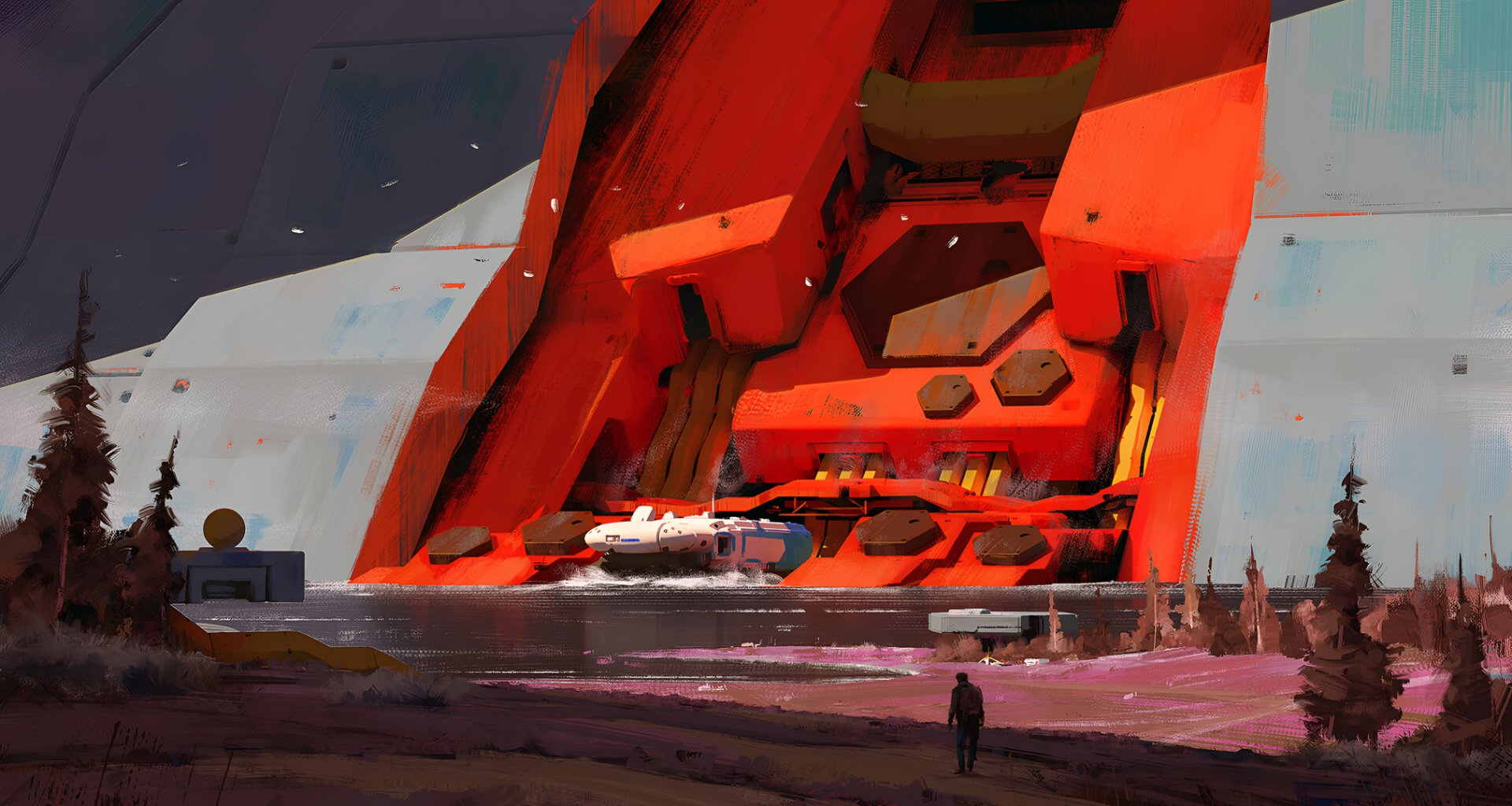 HD desktop wallpaper featuring a futuristic, large red sci-fi structure with a spaceship docked beneath it, set in an alien landscape.