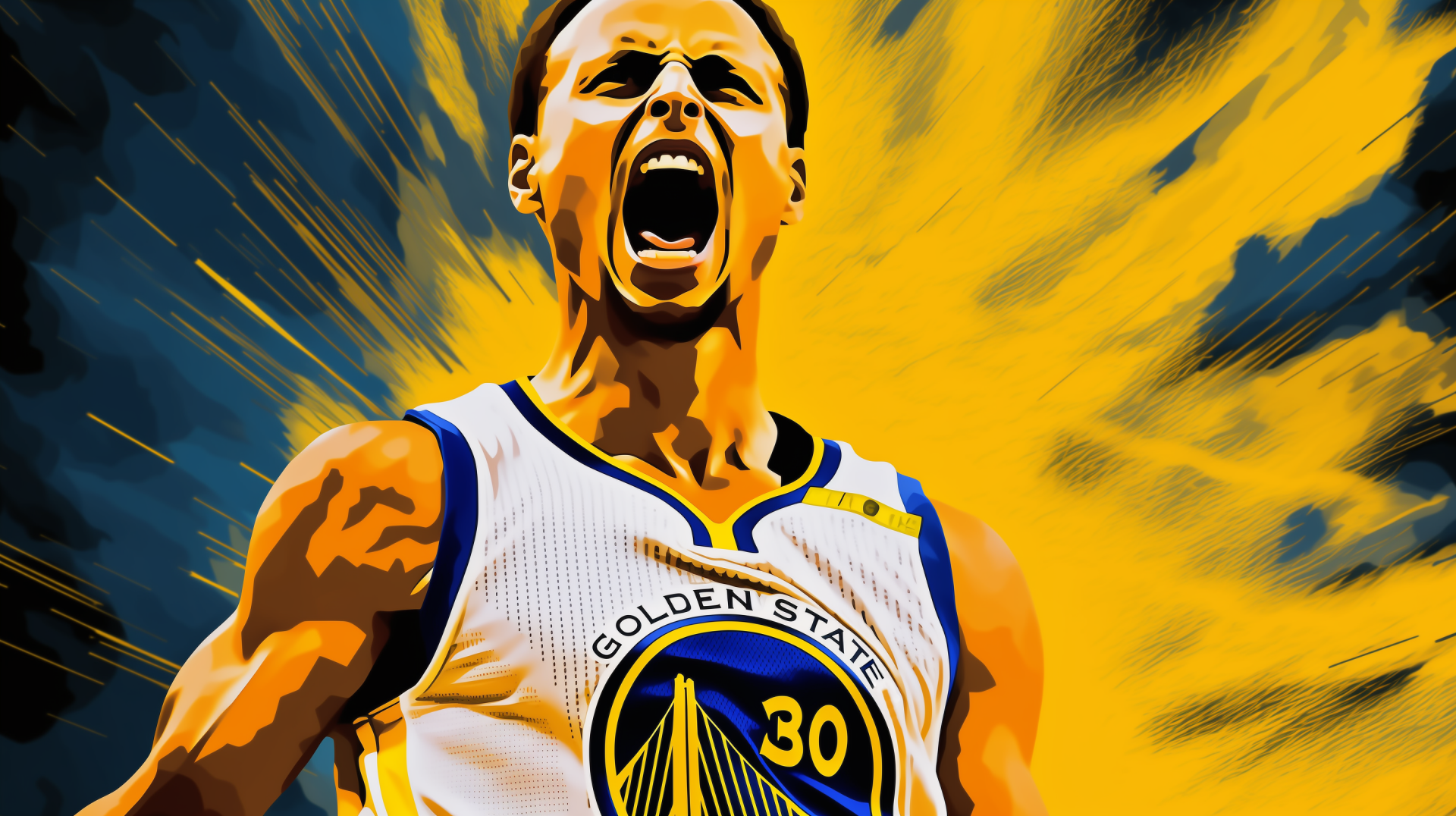 Dynamic HD wallpaper featuring Stephen Curry of the Golden State Warriors, capturing his intense passion for basketball with vibrant colors and an energetic background.