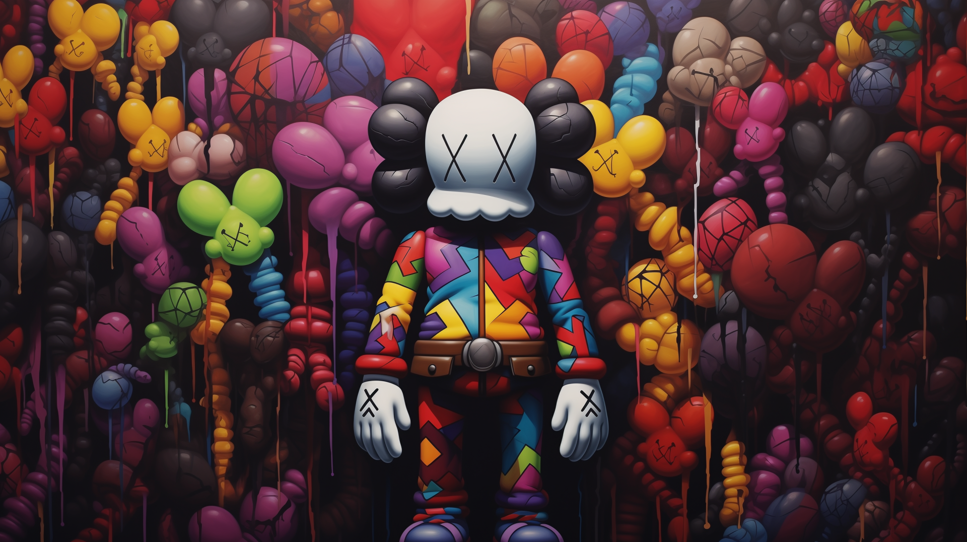 KAWS character in colorful attire surrounded by multicolored balloons, HD desktop wallpaper and background.