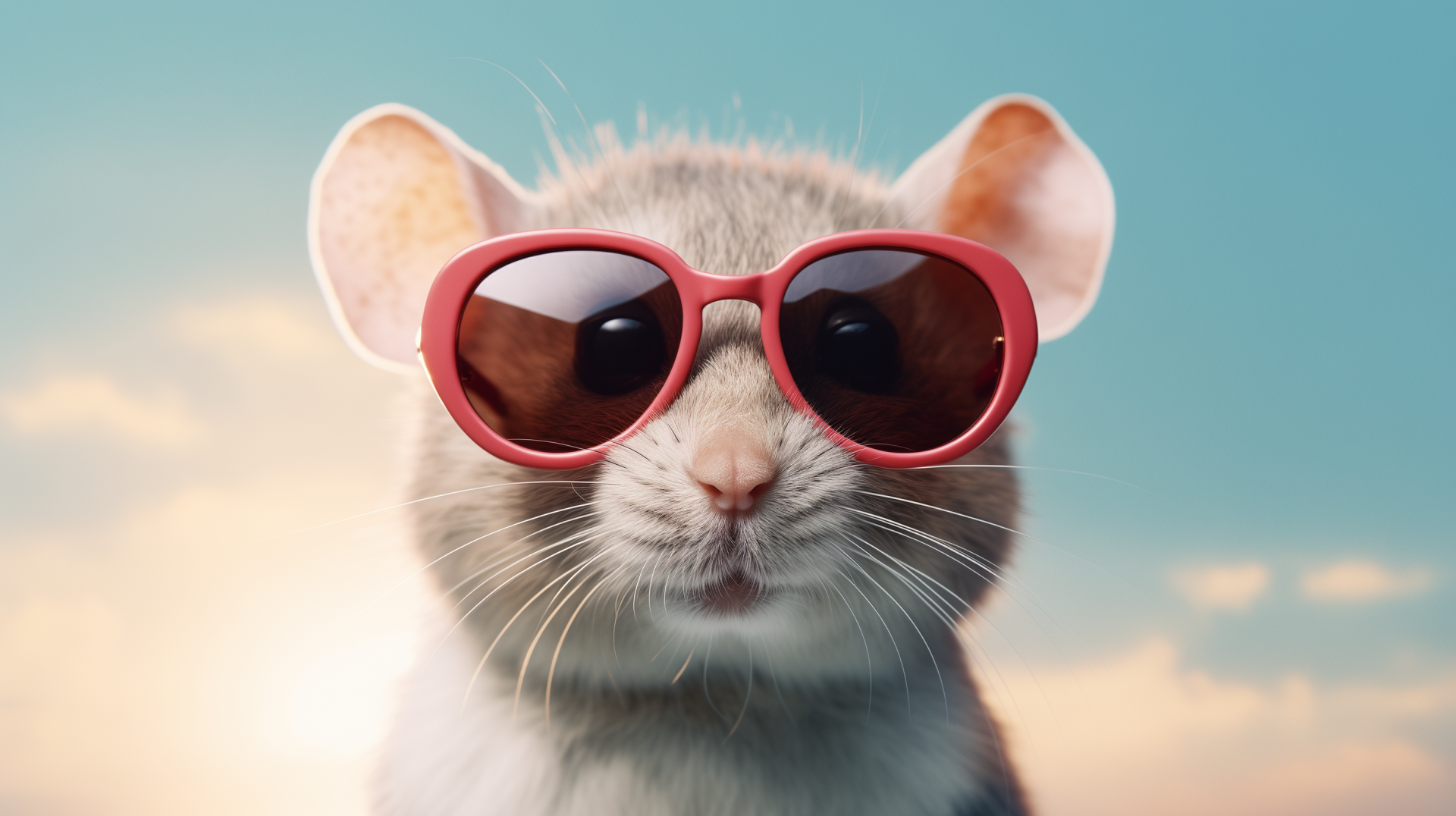 HD desktop wallpaper featuring a cute mouse wearing sunglasses against a blue sky background.