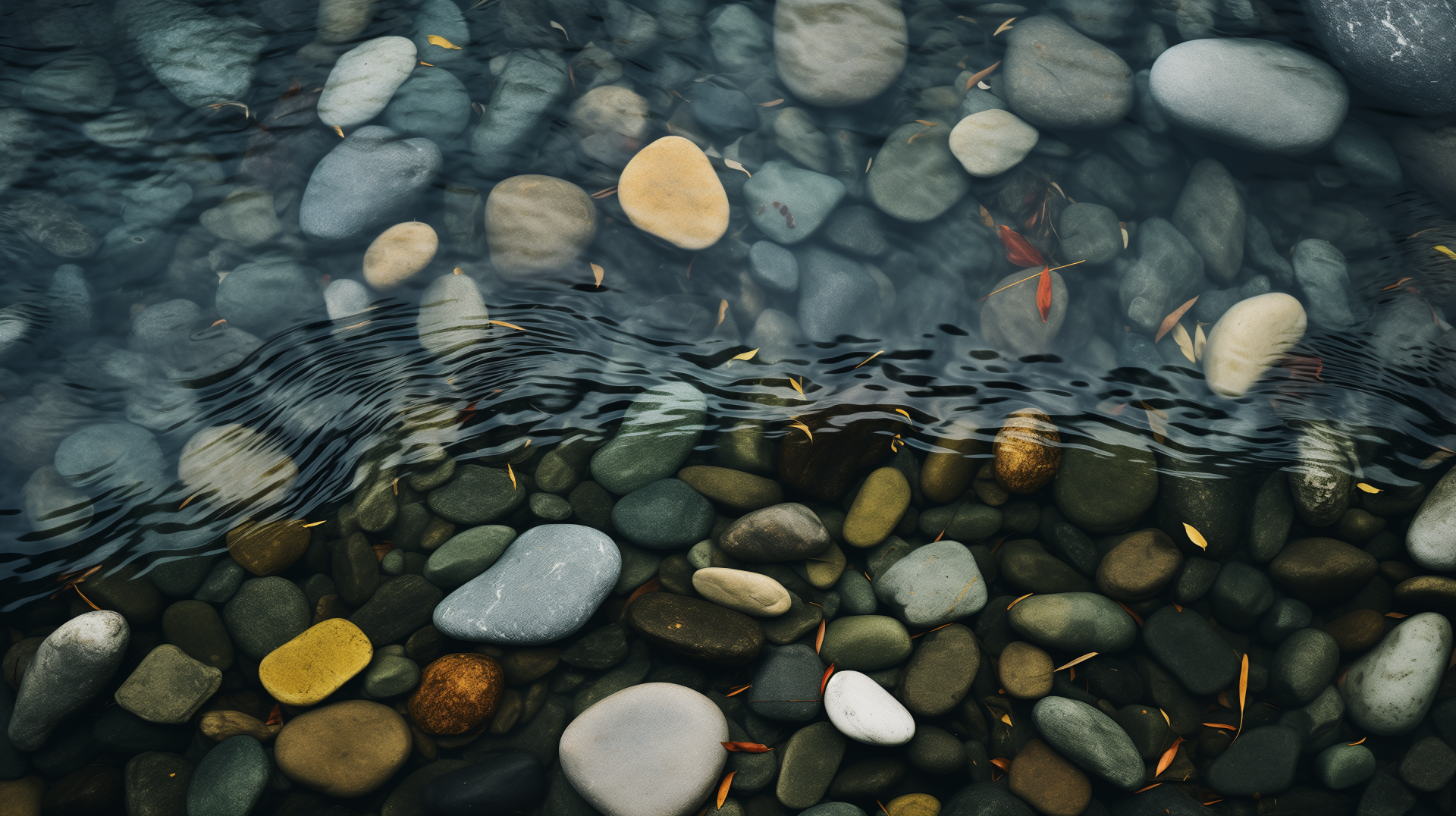 A serene HD desktop wallpaper featuring smooth pebbles and stones submerged in clear water, showcasing the beauty of nature with gentle ripples across the surface.