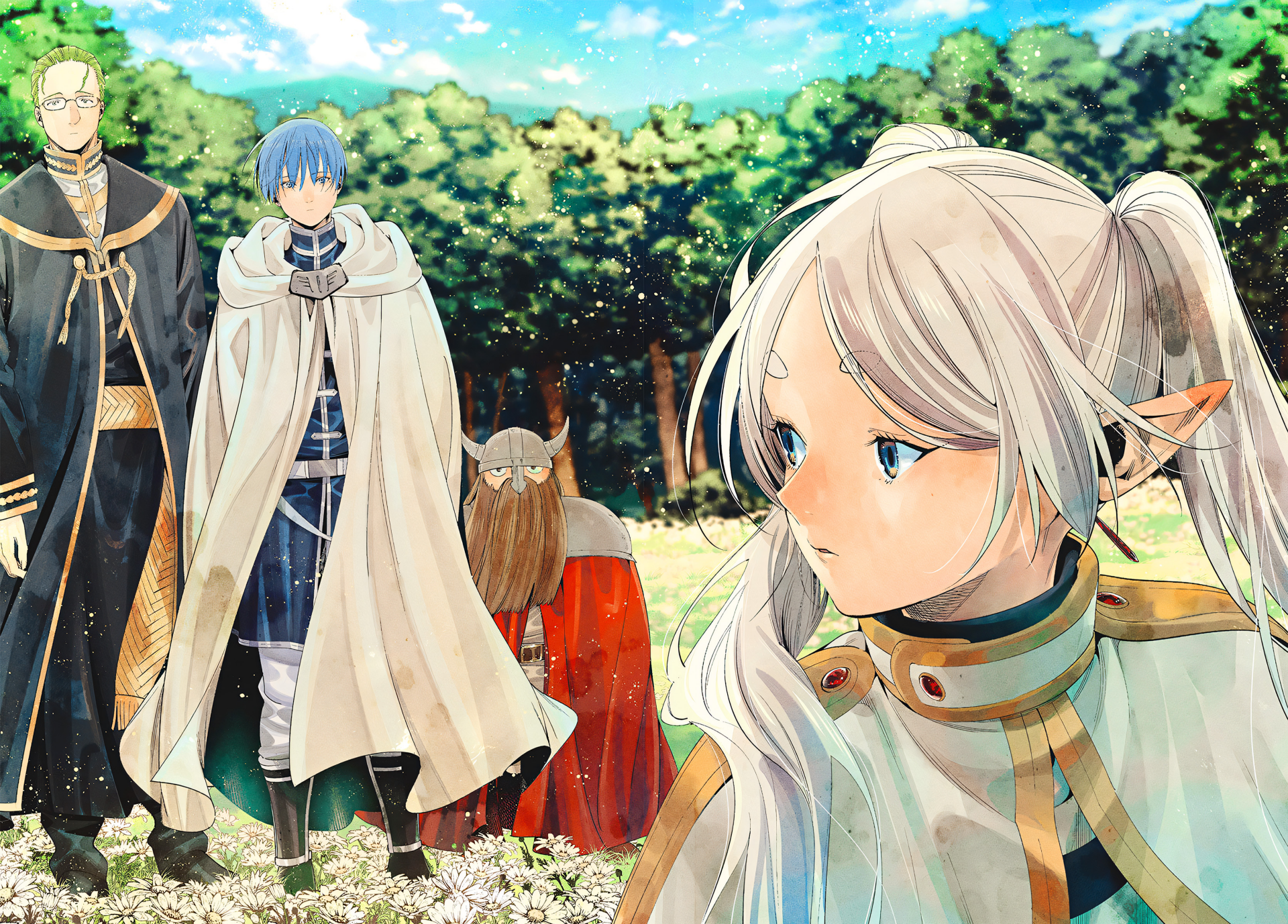 HD wallpaper for Frieren: Beyond Journey's End featuring the main characters in a vibrant forest setting.