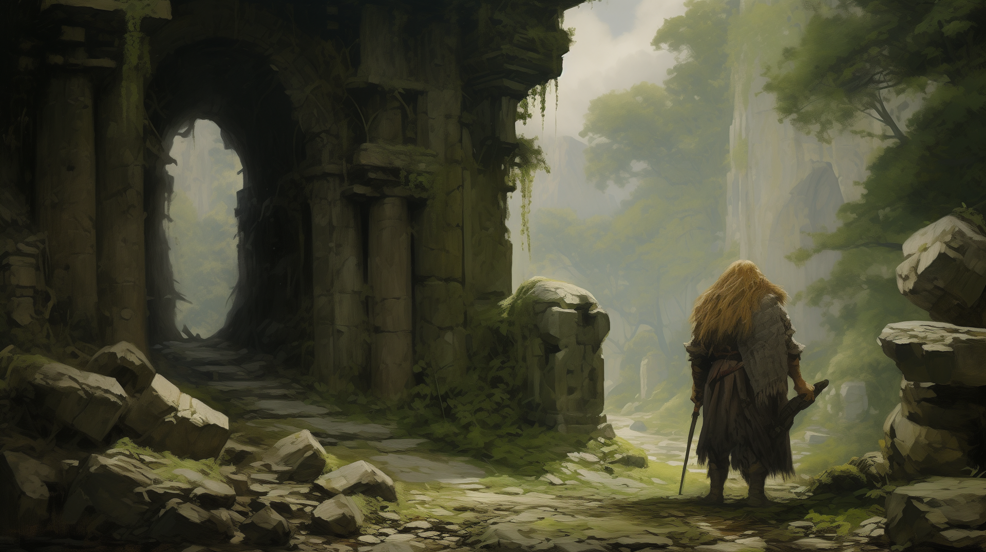 A fantasy warrior stands at the entrance of ancient ruins, surrounded by lush greenery, capturing a moment of solitude and adventure in a vibrant HD wallpaper.