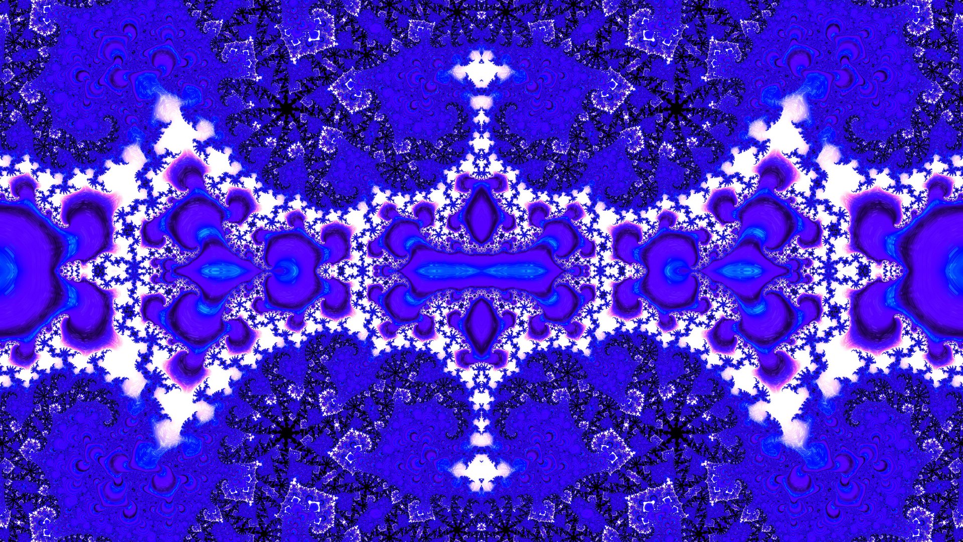Trippy psychedelic blue fractal: mirrored kaleidoscopic abstract with lace-like filigree and glowing electric highlights — aesthetic 4K Ultra HD PC desktop wallpaper/background.