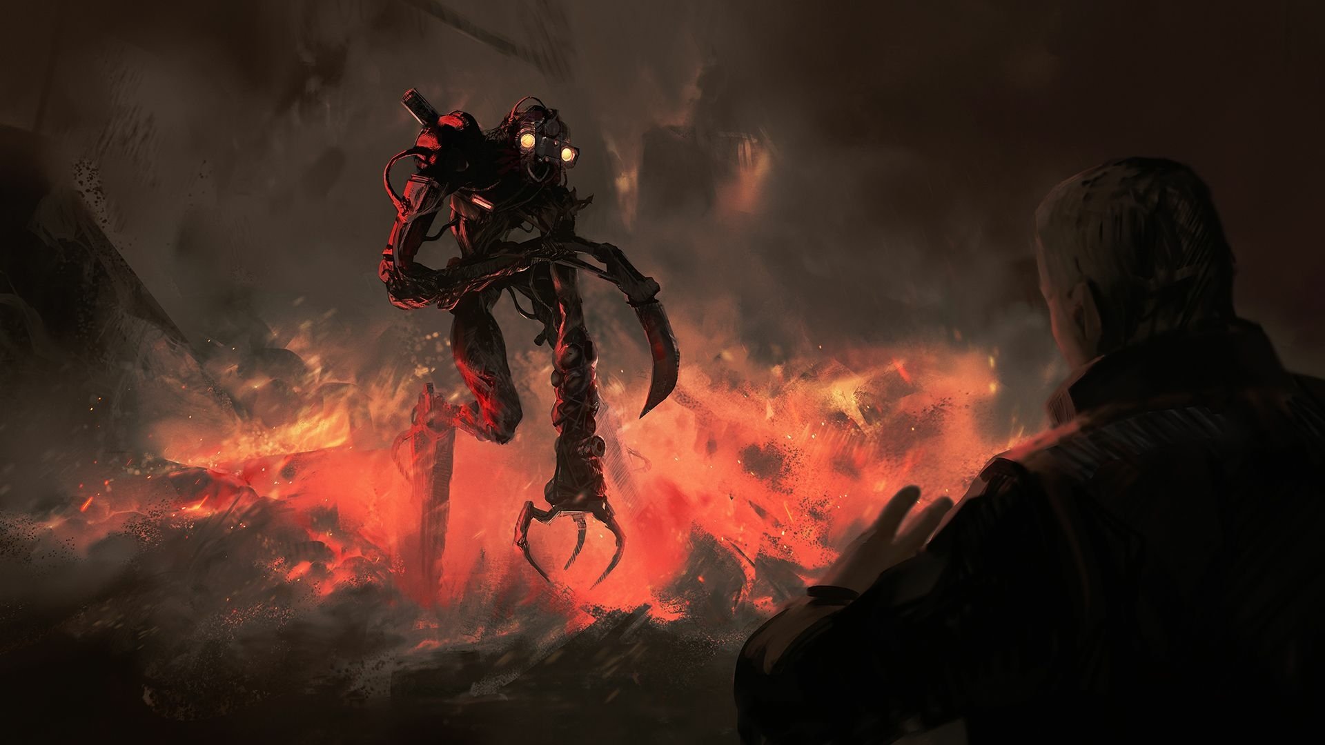 HD desktop wallpaper from Dead By Daylight featuring a menacing creature confronting a human in a fiery, apocalyptic background.