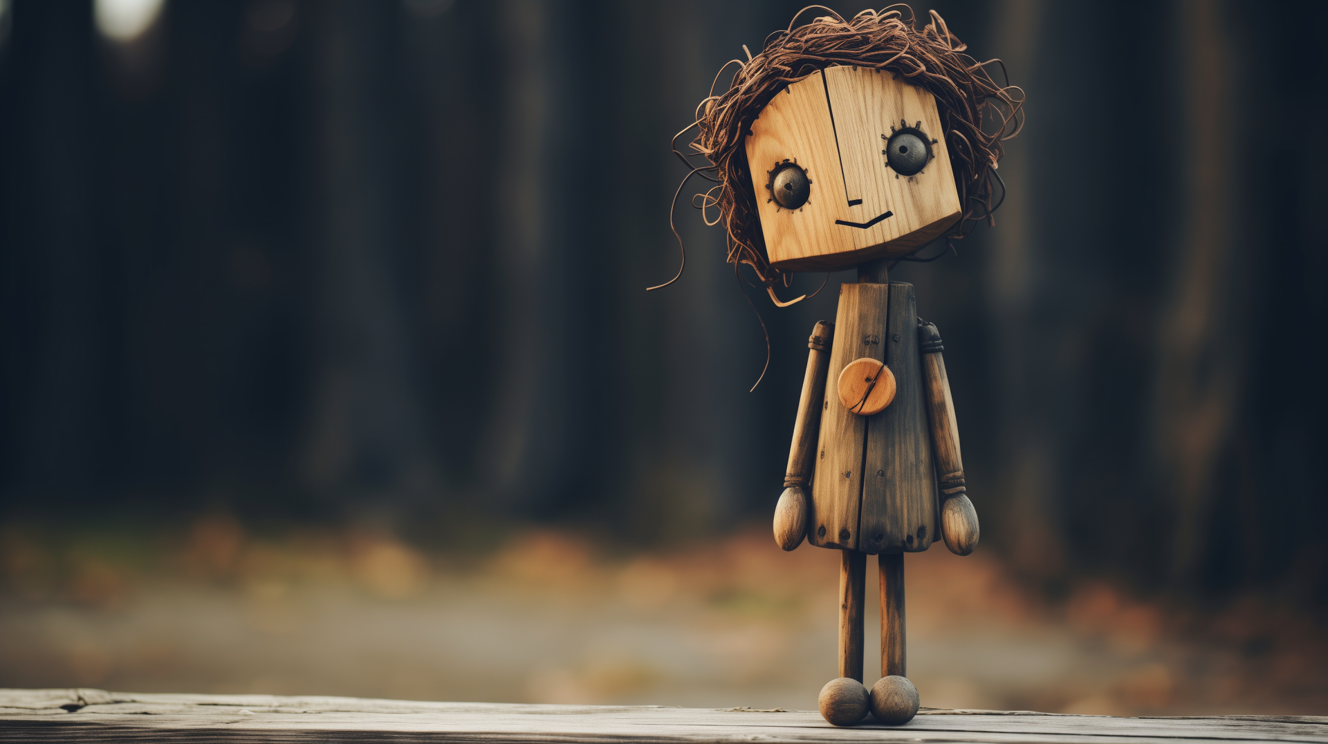 A charming wooden doll stands with a playful expression, set against a blurred background of trees. This HD desktop wallpaper adds a whimsical touch to any screen.