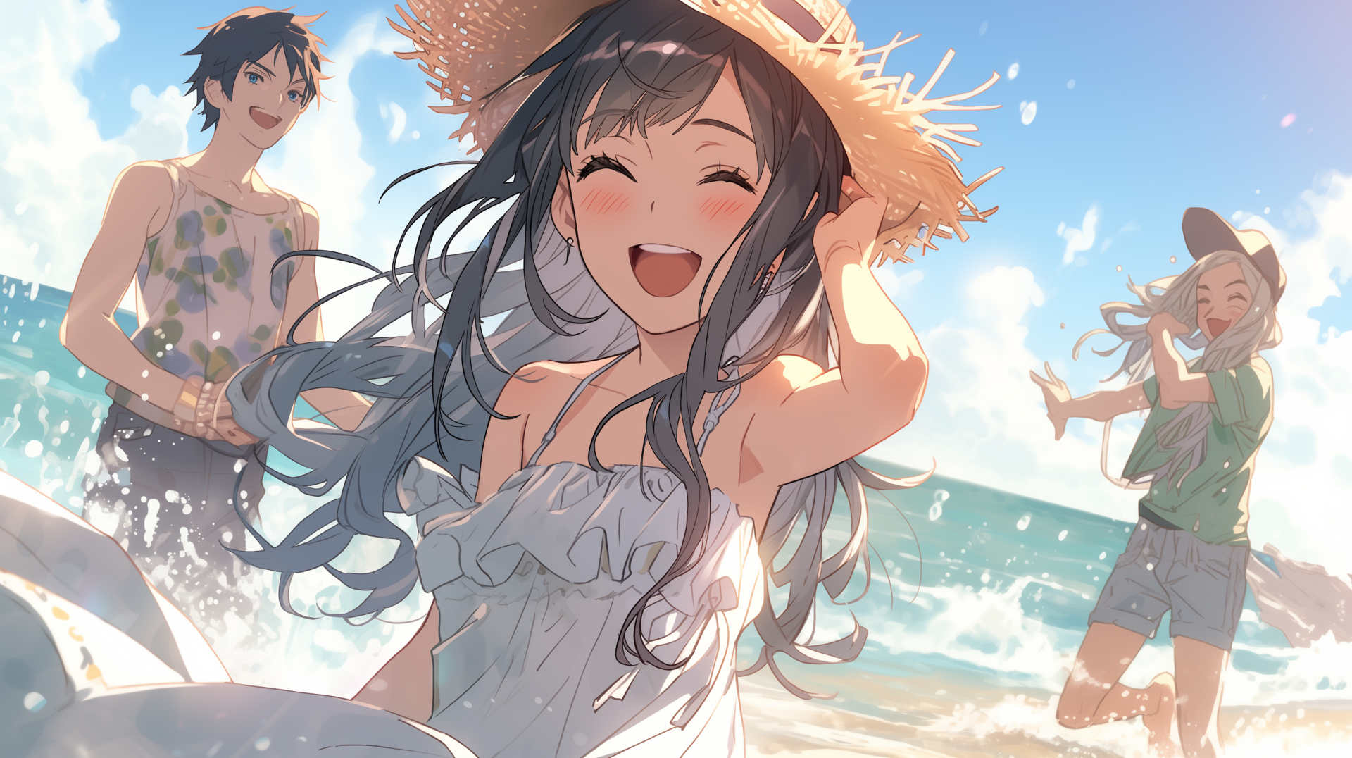Animated beach scene with a joyful girl in a straw hat and two friends, created as AI art for an HD desktop wallpaper.