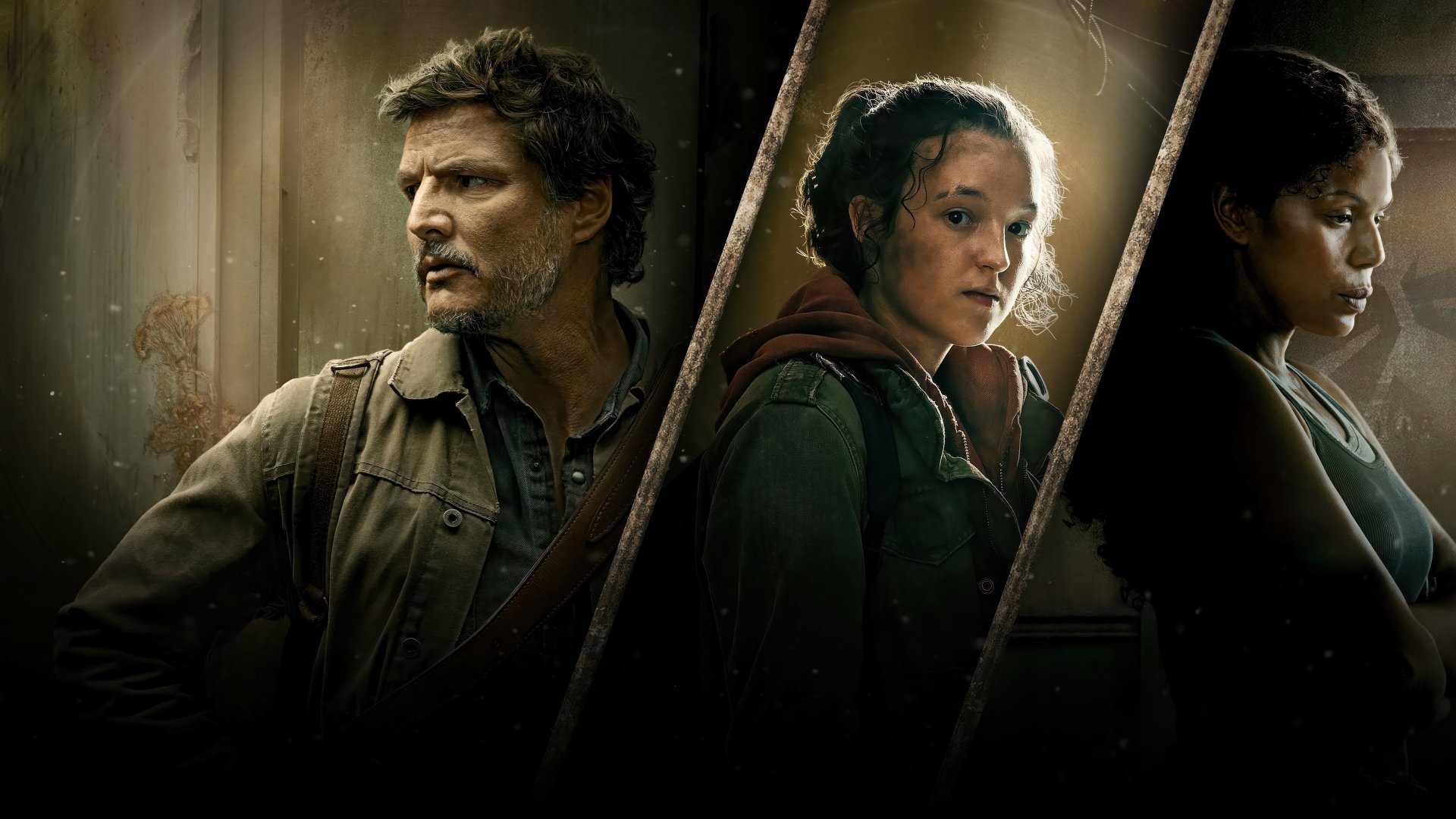 HD wallpaper featuring Bella Ramsey as Ellie and Pedro Pascal as Joel from the TV show The Last of Us, showcasing their intense expressions and dynamic character representation.
