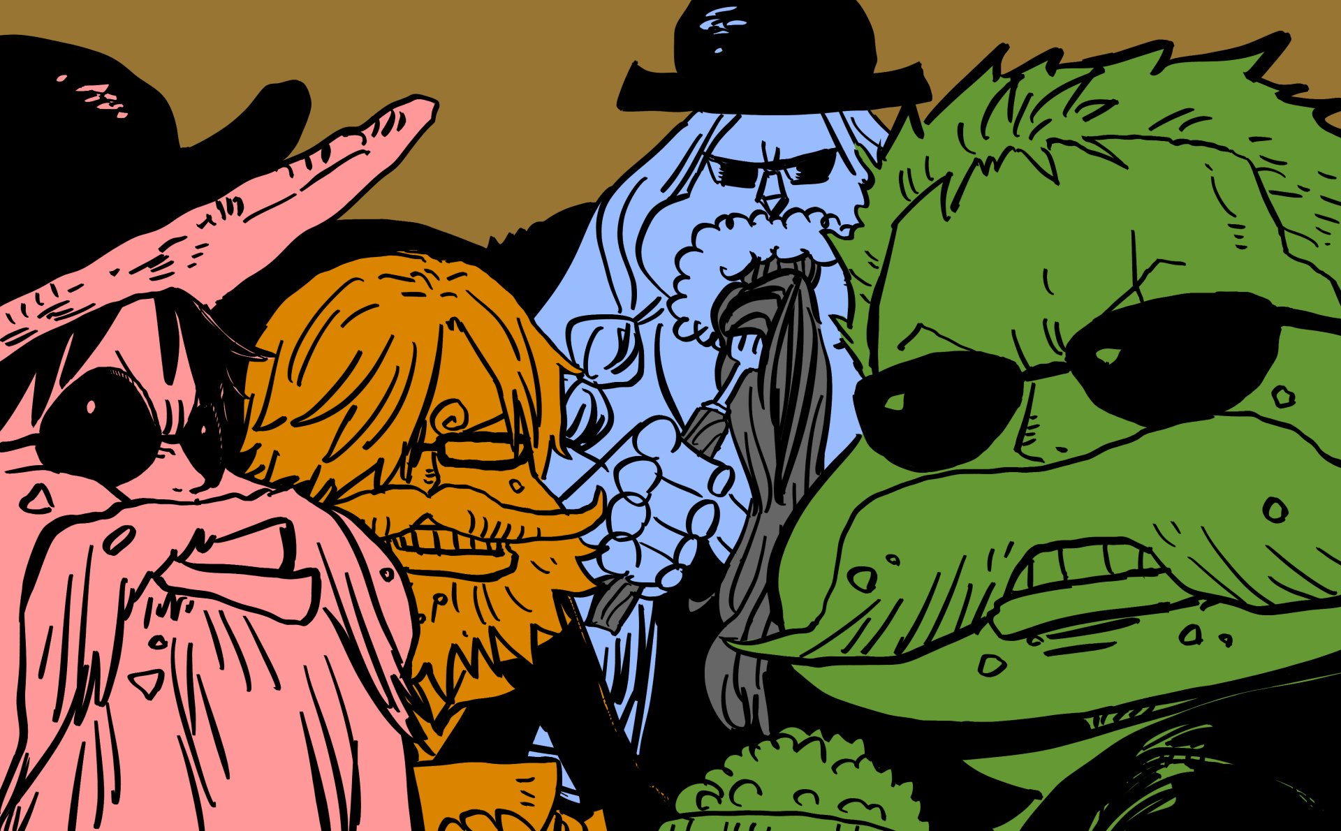 4K Ultra HD PC wallpaper featuring stylized anime versions of Monkey D. Luffy, Sanji, Franky, and Roronoa Zoro from One Piece.