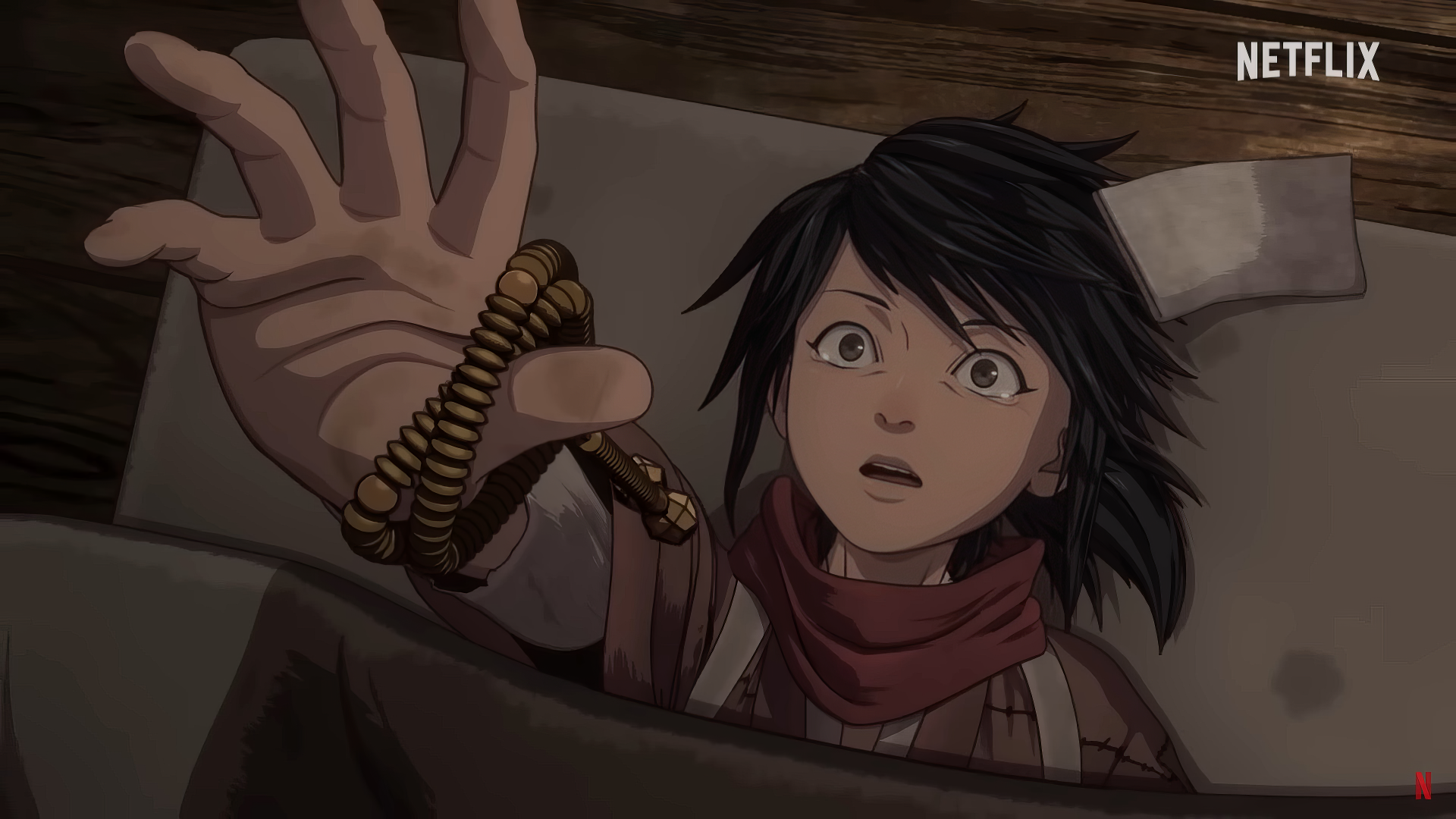 HD desktop wallpaper from Onimusha (2023) featuring a surprised animated character with a bracelet reaching out, with Netflix branding.