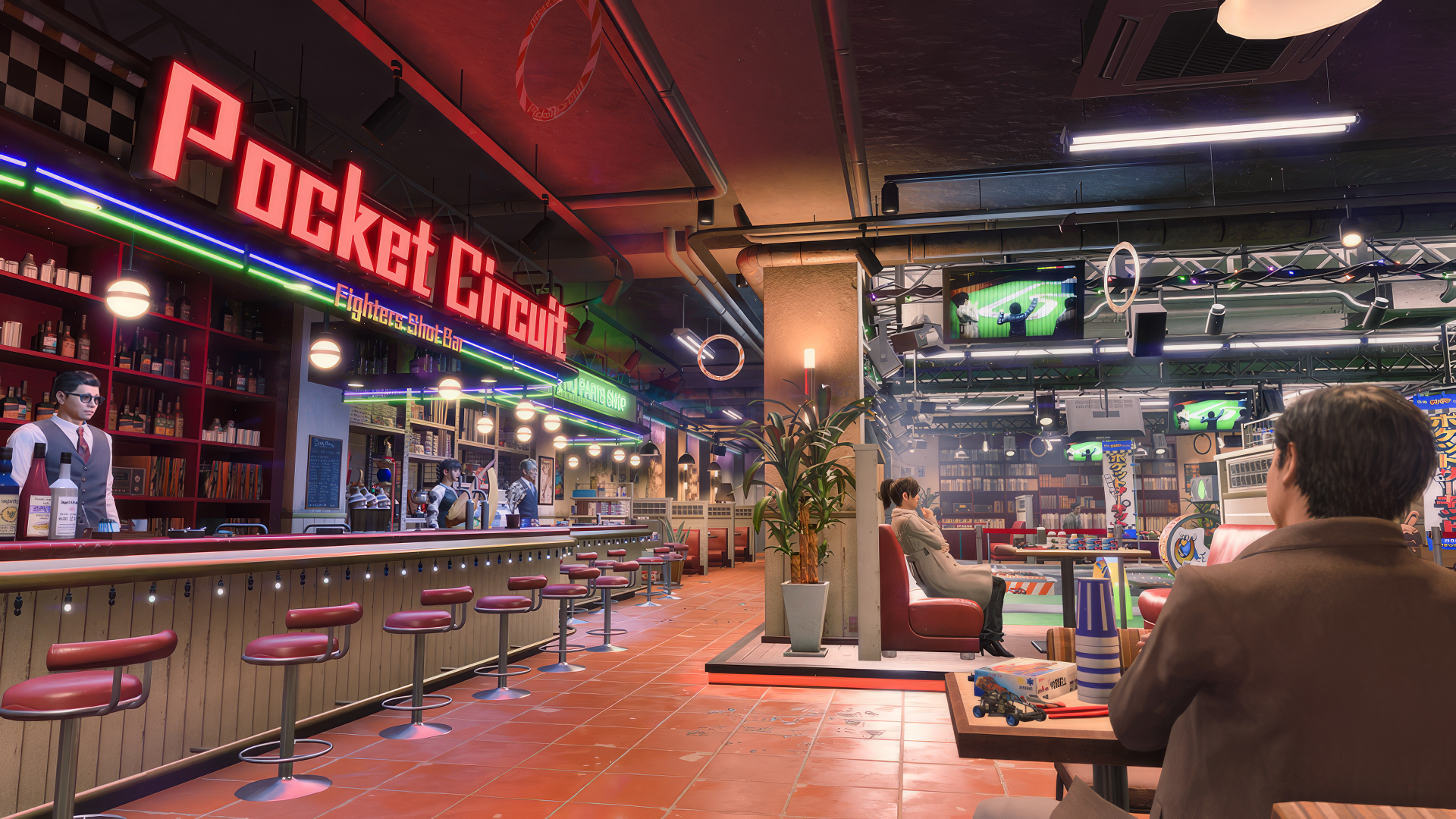 A vibrant scene from Like a Dragon Gaiden: The Man Who Erased His Name, featuring the Pocket Circuit arcade with neon lights and patrons enjoying the immersive atmosphere.
