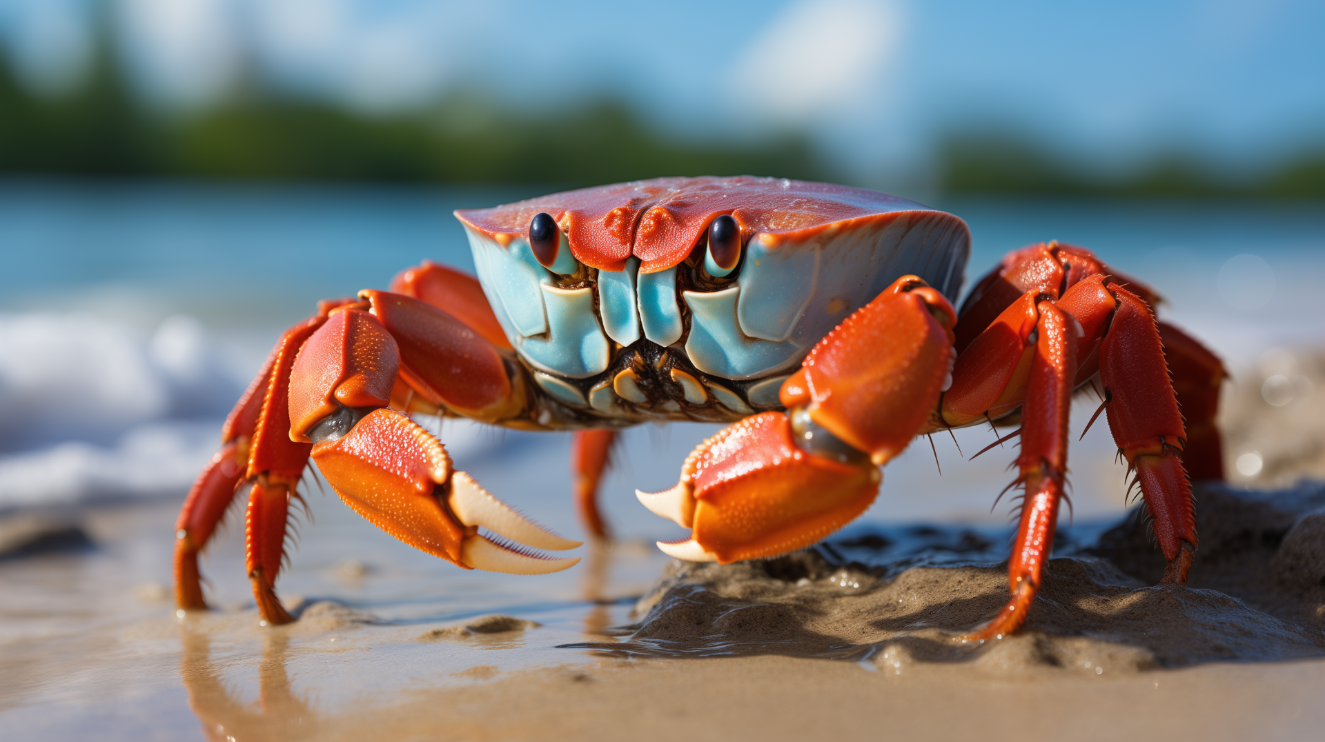 Vibrant HD wallpaper of a red crab on a sandy beach with a clear blue sky in the background.