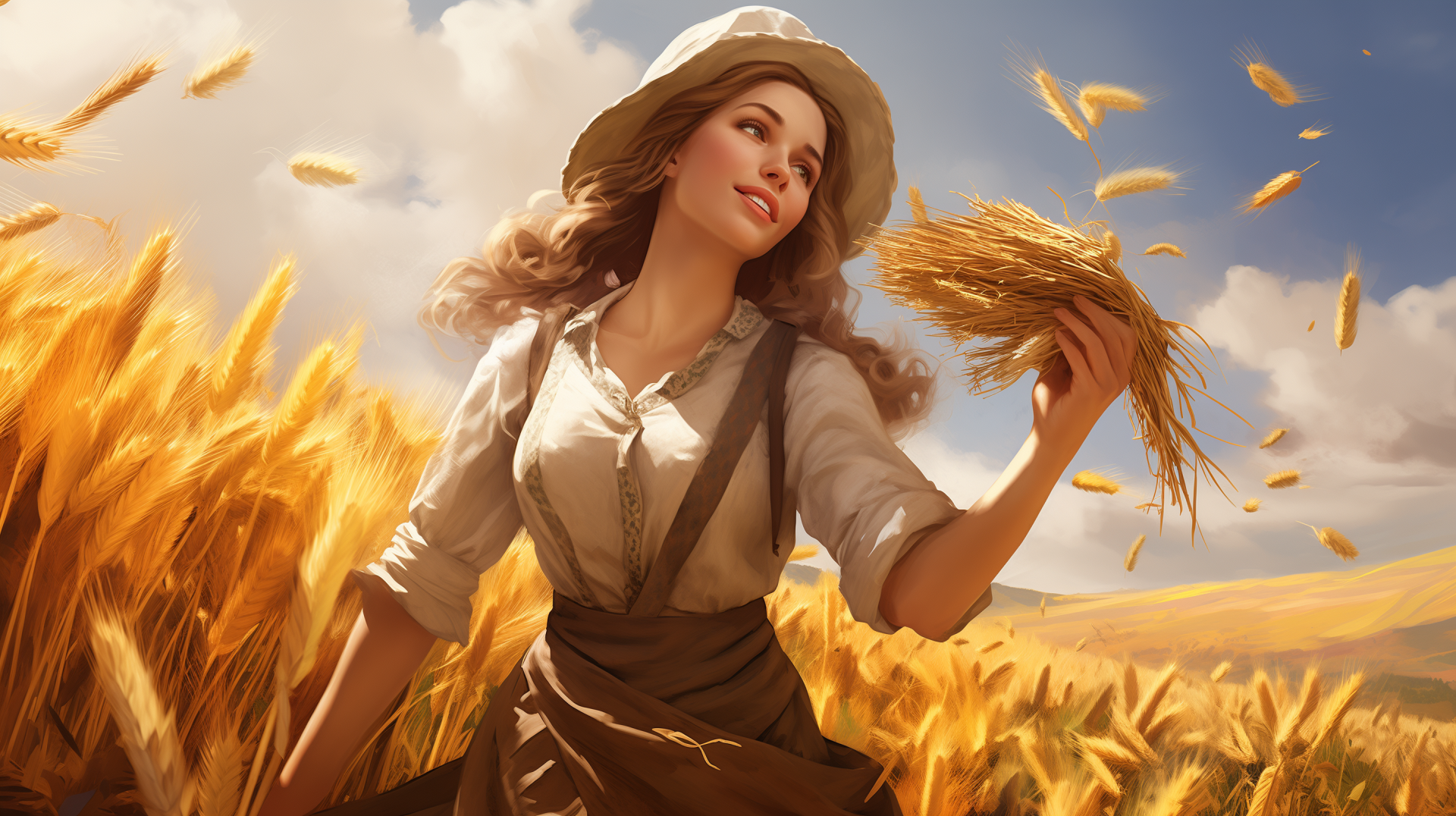 Artistic HD wallpaper of a farmer woman during harvest in a golden wheat field.
