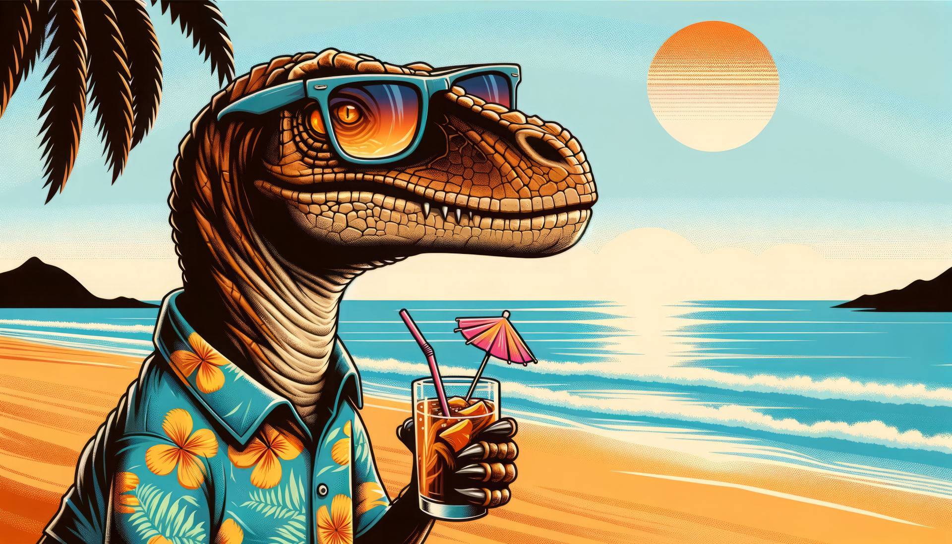 HD desktop wallpaper featuring a stylized velociraptor in sunglasses and a Hawaiian shirt, holding a cocktail on a beach at sunset.