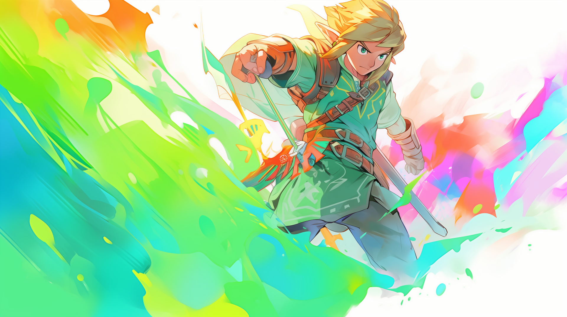 Vibrant animated warrior character with a bow and sword on a colorful abstract background for HD desktop wallpaper.
