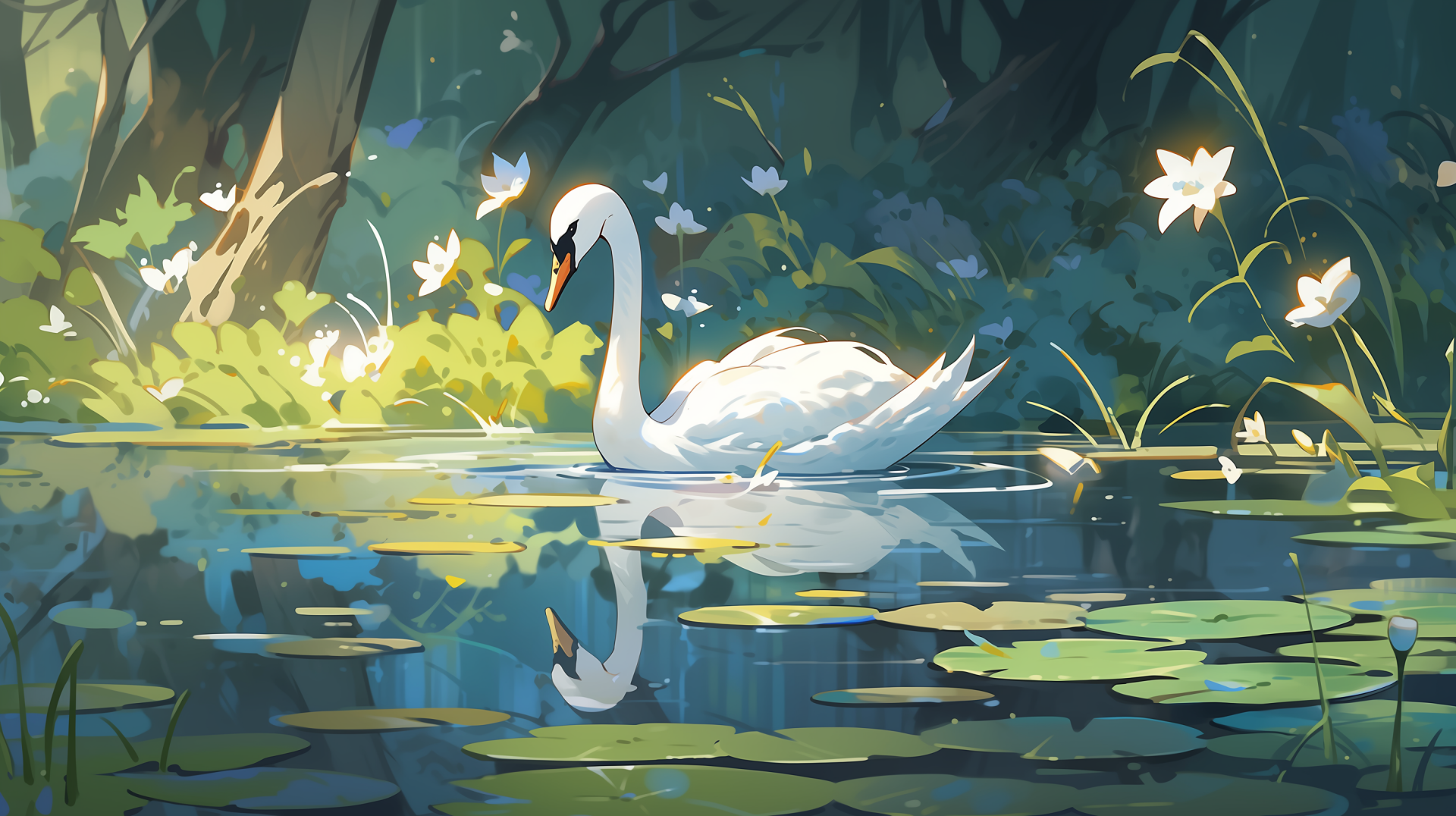 Elegant swan on calm waters with lily pads, HD desktop wallpaper featuring a serene forest background.