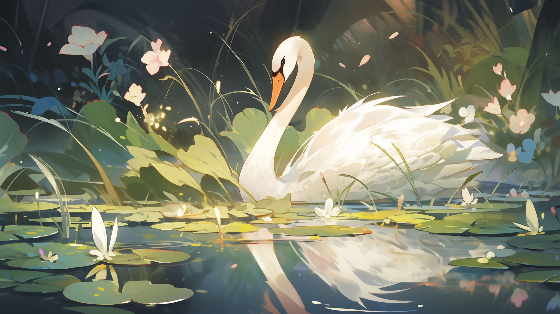 A serene swan glides through a tranquil pond adorned with lily pads and gentle flowers, creating a stunning HD wallpaper and background.