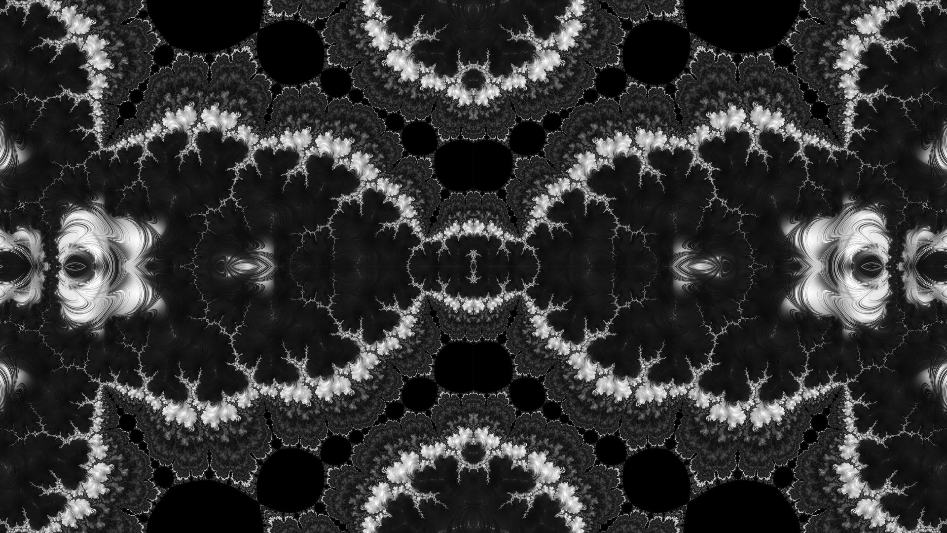 Trippy black-and-white psychedelic fractal: high-contrast symmetrical abstract pattern, 4K Ultra HD PC desktop wallpaper background with moody aesthetic.