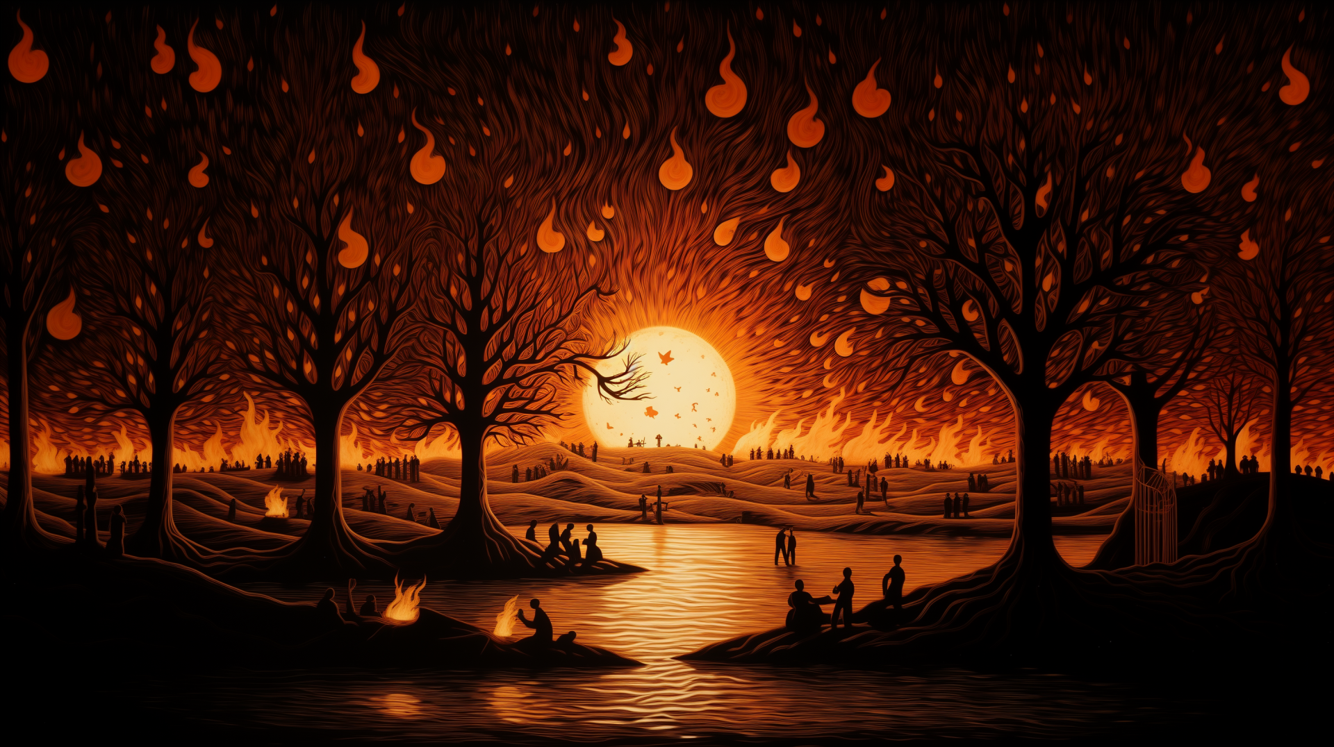 HD wallpaper with a stylized bonfire scene at sunset, featuring trees, people, and flames for desktop background.