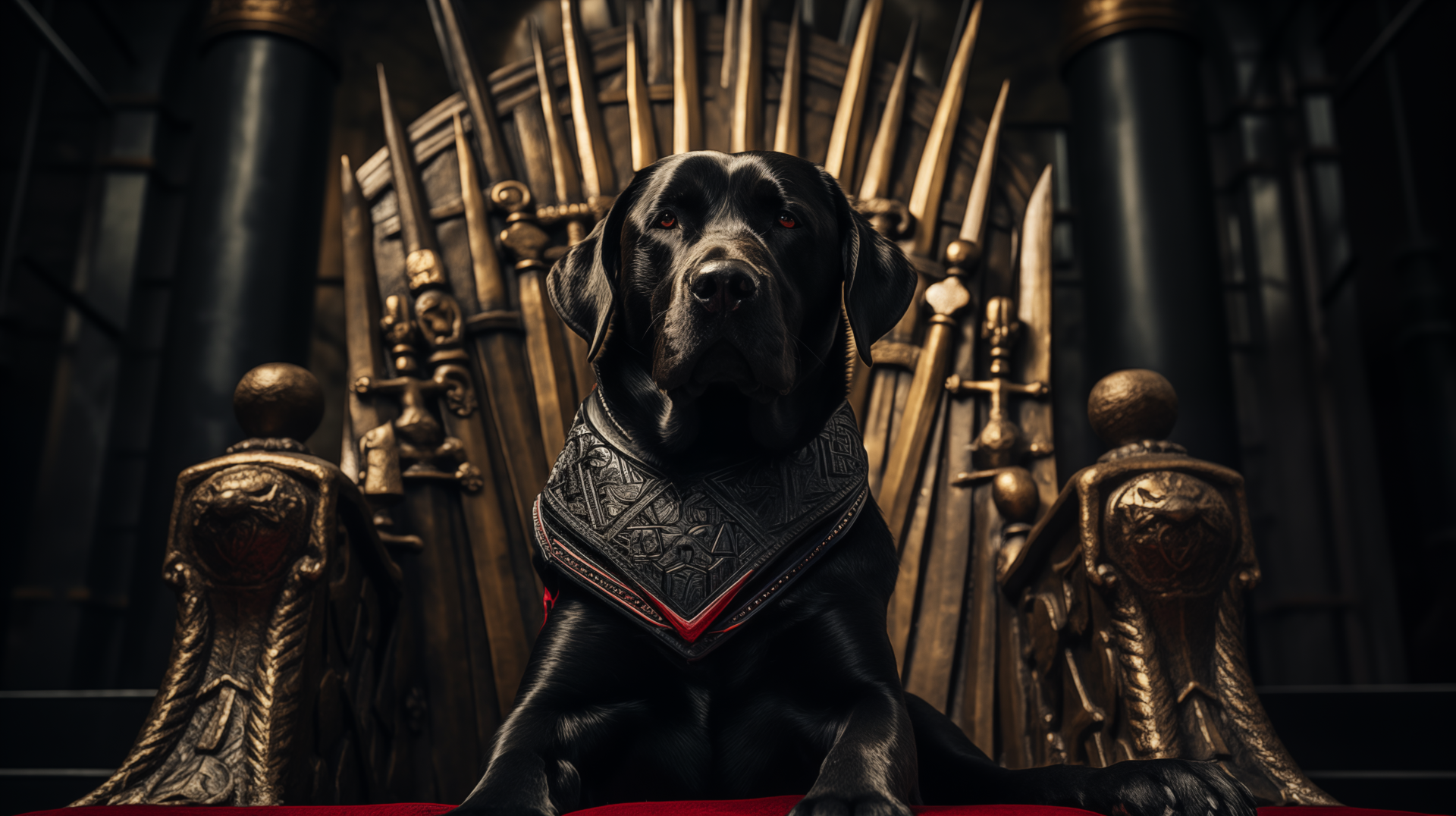A regal Labrador Retriever sits confidently on a throne, adorned with a decorative collar, surrounded by a backdrop of golden swords, creating a striking HD wallpaper.
