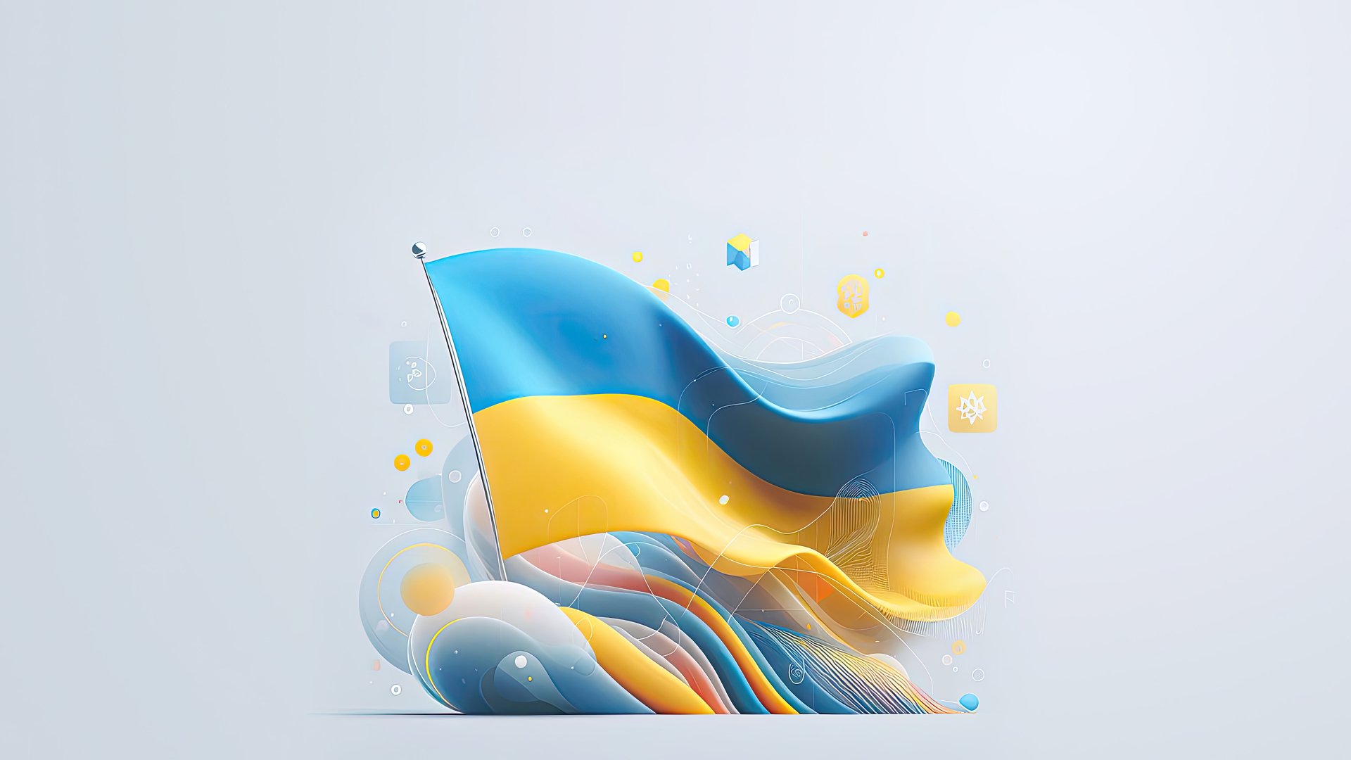 8K Ultra HD PC desktop wallpaper: stylized Ukrainian flag waving above layered blue and yellow abstract ribbons and soft cloud-like shapes on a pale background.