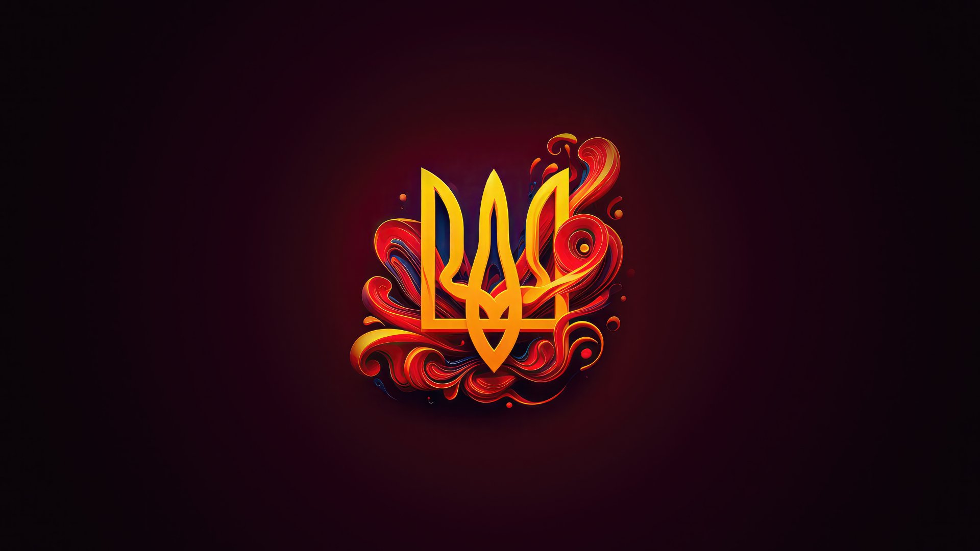 Ukraine’s trident emblem in vibrant yellow and red flames on a dark background, rendered in stunning 8K Ultra HD for PC desktop wallpaper.