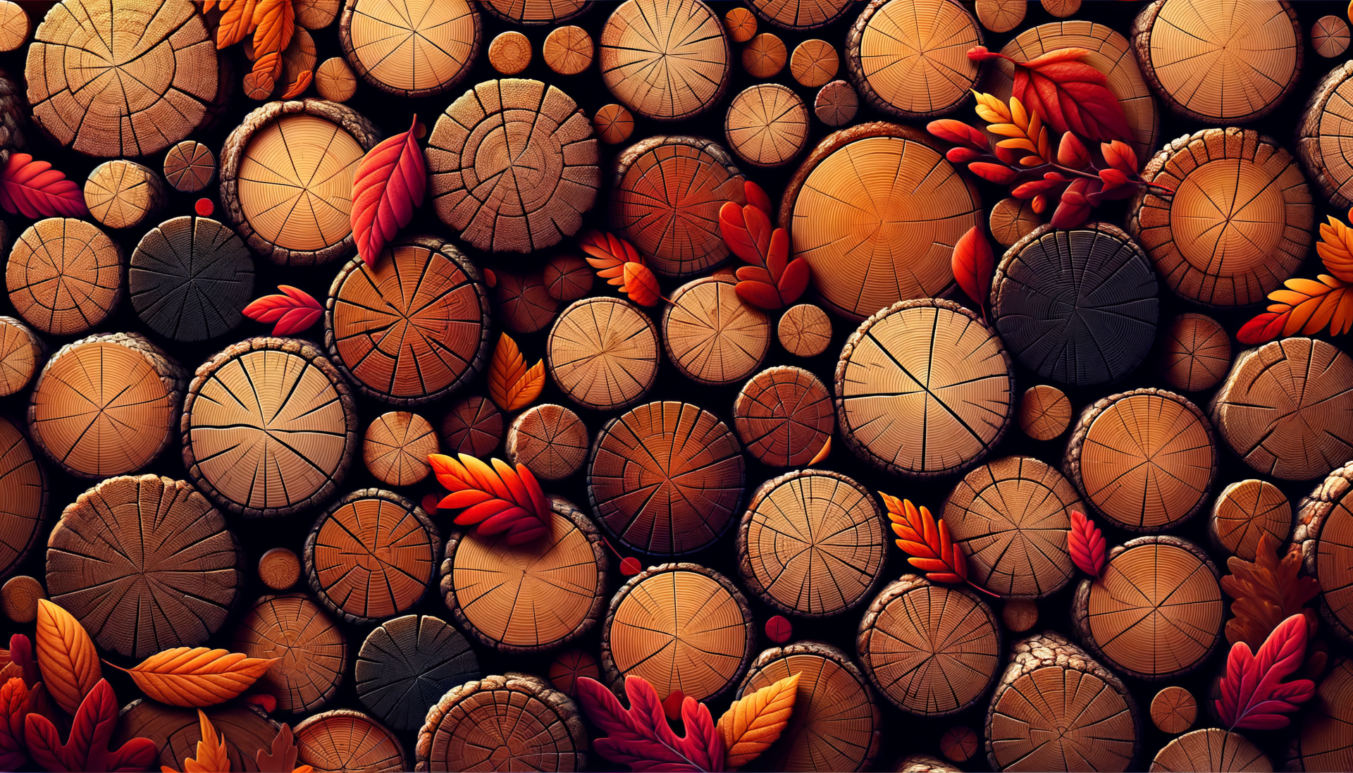 Autumn-themed HD wallpaper featuring cross-sections of wood logs and scattered red and orange leaves.