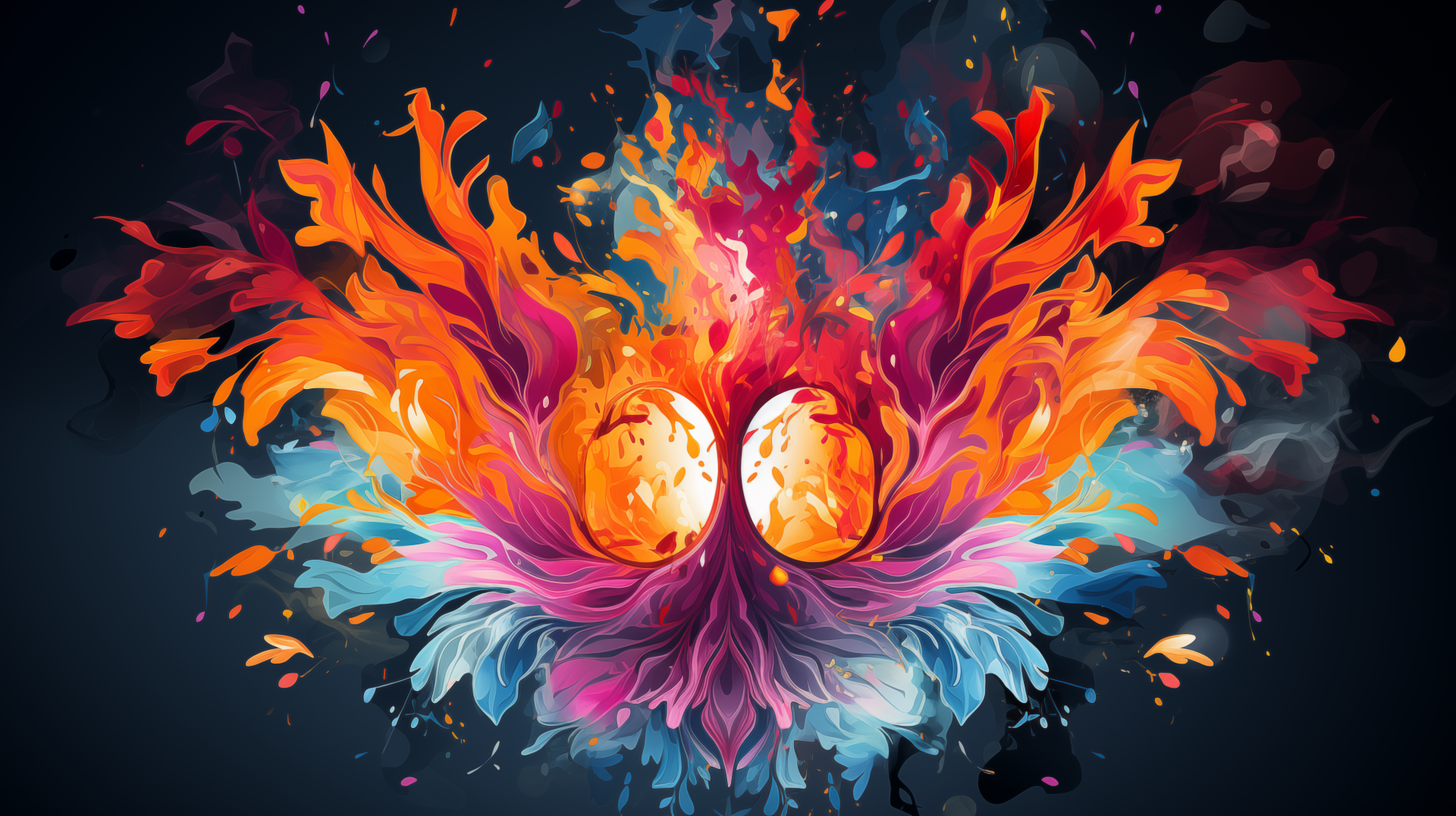 Colorful abstract paint splash wallpaper with vibrant fiery tones resembling a phoenix for HD desktop background.