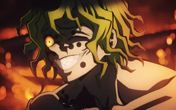 HD anime desktop wallpaper featuring Gyutaro from Demon Slayer: Kimetsu no Yaiba, showcasing his intense expression and vivid, fiery background.