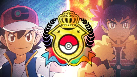 HD wallpaper of Ash Ketchum and Leon from Pokémon Ultimate Journeys: The Series with a vibrant Champion League emblem centerpiece.