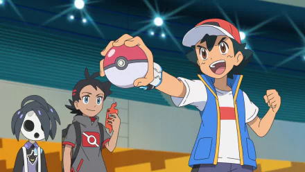 HD wallpaper featuring Ash Ketchum and Goh from Pokémon Ultimate Journeys: The Series, with Ash holding out a Poké Ball and Goh with his device ready for action, alongside Allister in the background.