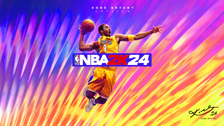 HD desktop wallpaper featuring Kobe Bryant in action, set against a vibrant, multicolored background with the NBA 2K24 logo.