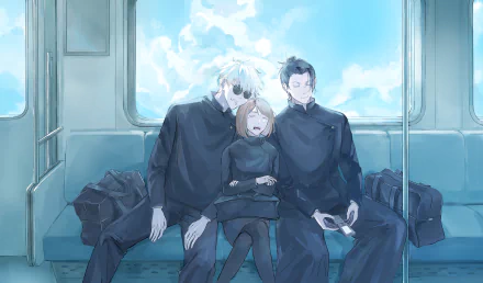 An HD desktop wallpaper featuring the anime characters Satoru Gojo, Shoko Ieiri, and Suguru Geto from Jujutsu Kaisen, seated together on a train with a bright, cloudy sky in the background.