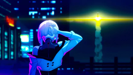 HD wallpaper of Lucy from Cyberpunk: Edgerunners standing pensively against a neon-lit cityscape, embodying the vibrant cyberpunk aesthetic.