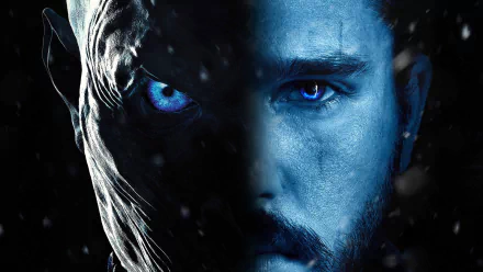 HD desktop wallpaper featuring a close-up of Jon Snow with blue eyes reminiscent of the Night King from Game of Thrones, in a moody, dark setting.